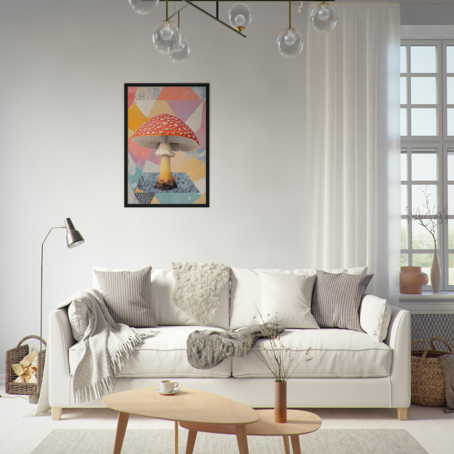 White sofa adorned with throw pillows and blankets from Whimsical Psilocybe Dreaming decor