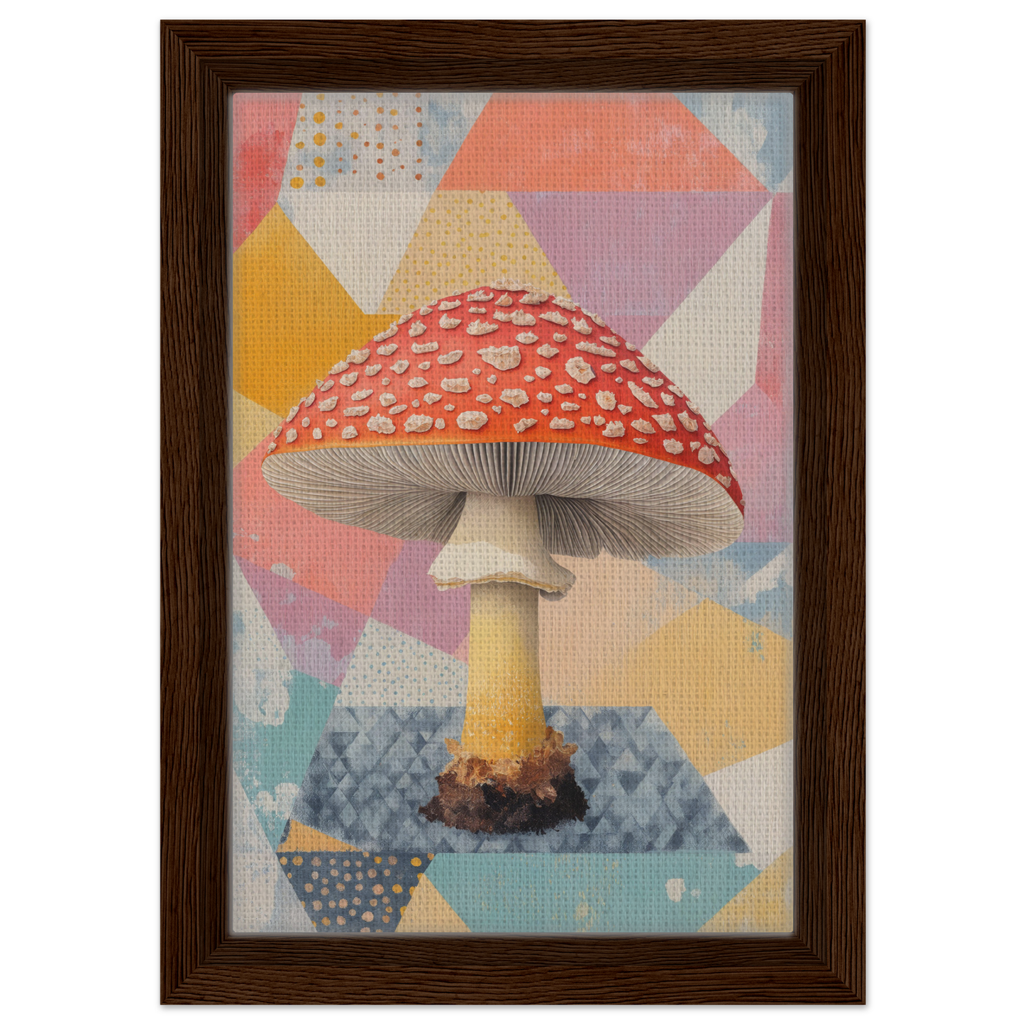 Red and white spotted Amanita Muscaria mushroom in Whimsical Psilocybe Dreaming framed canvas print