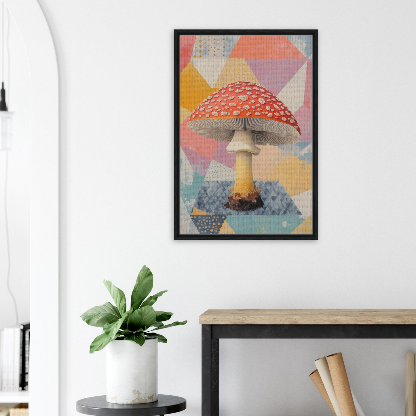 Colorful framed canvas print of Whimsical Psilocybe Dreaming featuring Amanita Muscaria