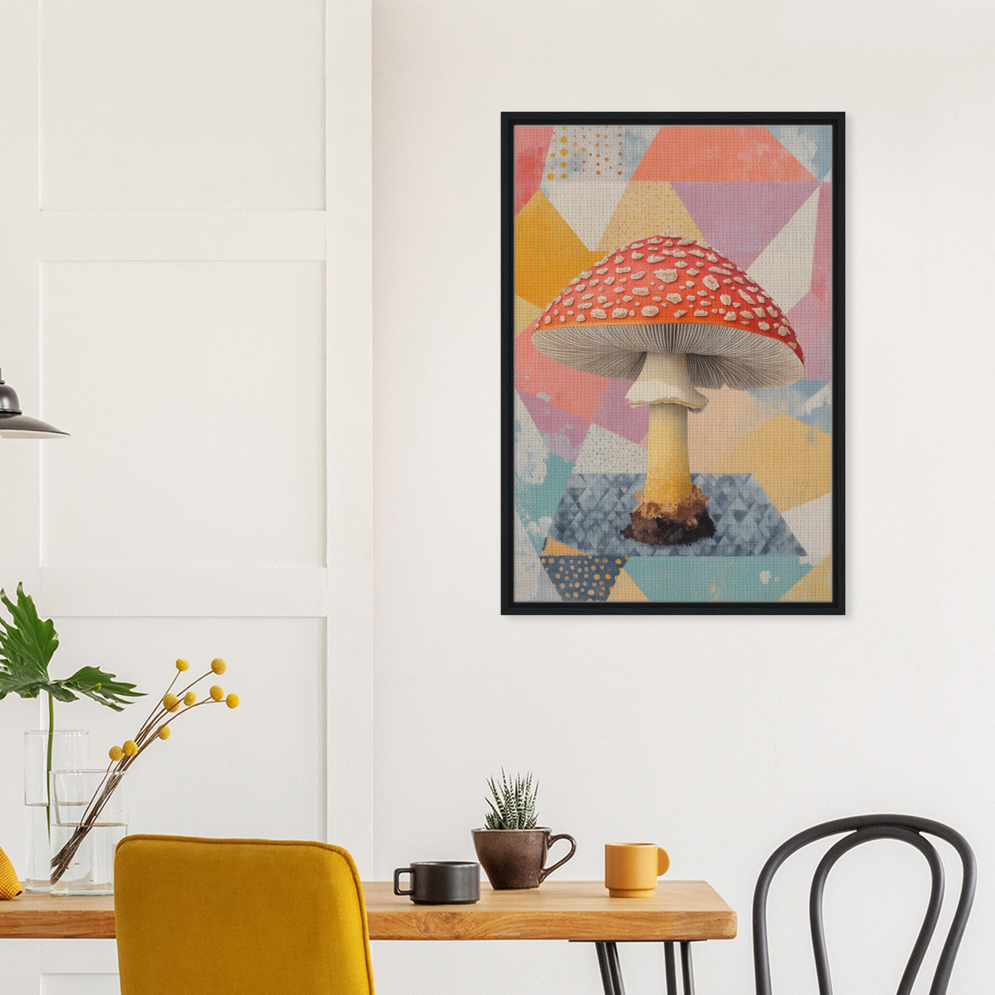 Framed abstract art print of a colorful mushroom for whimsical Psilocybe dreaming room decor