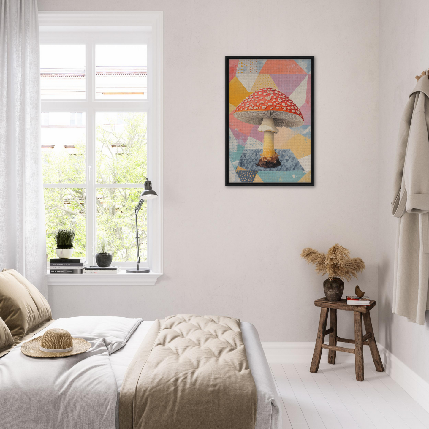 Bright framed canvas print of Whimsical Psilocybe Dreaming with stylized mushroom design