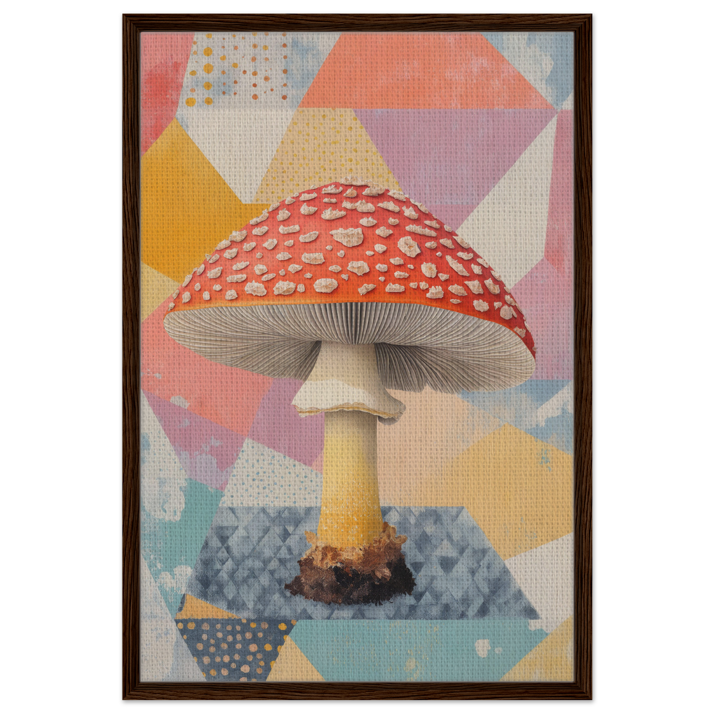 Red and white spotted Amanita Muscaria mushroom in Whimsical Psilocybe Dreaming framed canvas print