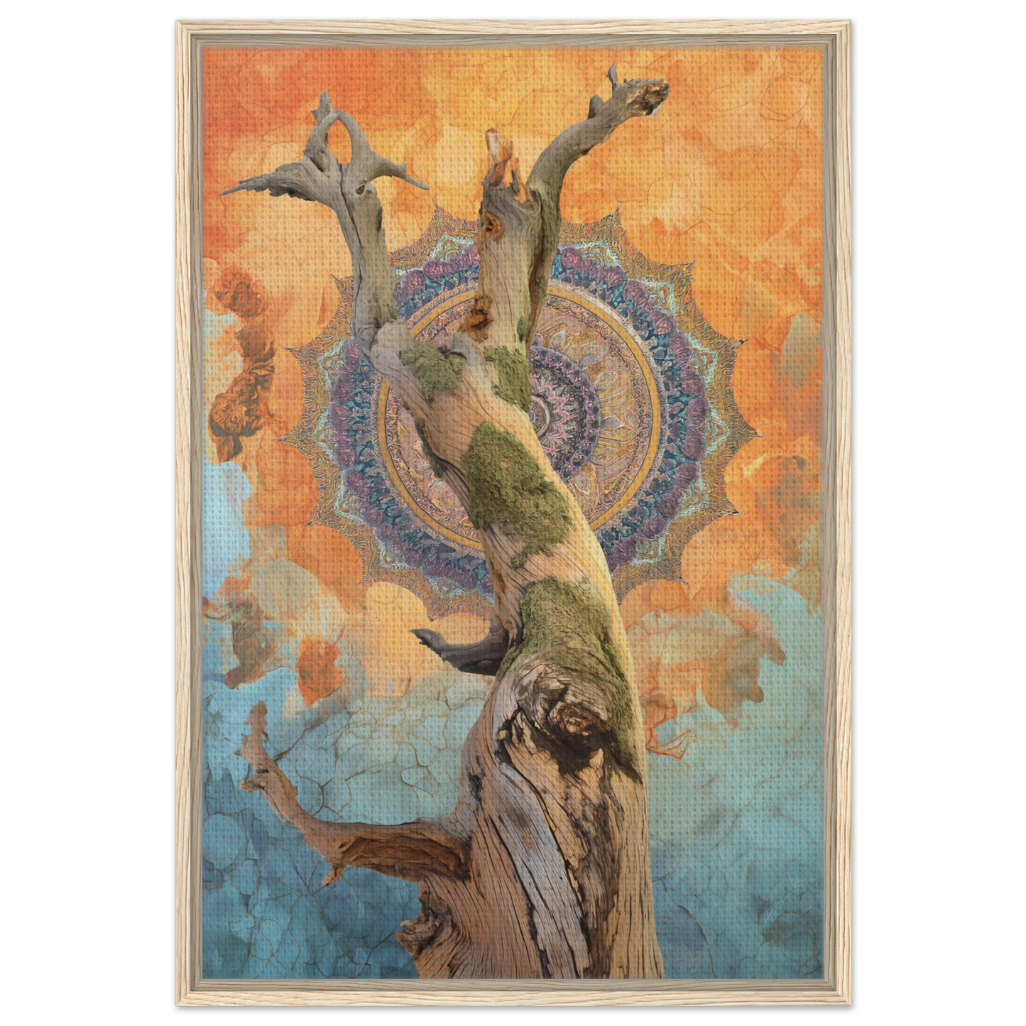 Gnarled tree trunk with twisted branches in a whispered eternal dance on framed canvas print