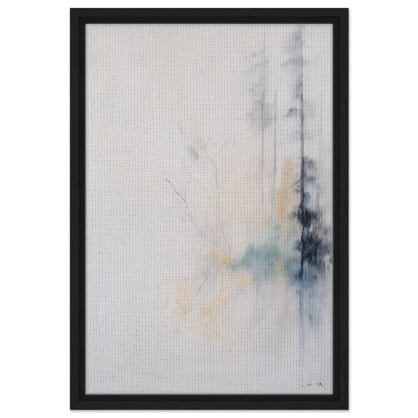 Abstract painting in gray, blue, and yellow tones, framed canvas wall art Whispering Branch Nebula