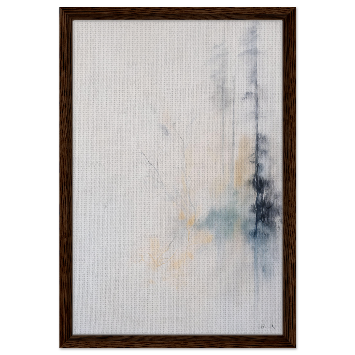 Abstract painting in gray, beige, and blue tones, framed as Whispering Branch Nebula art