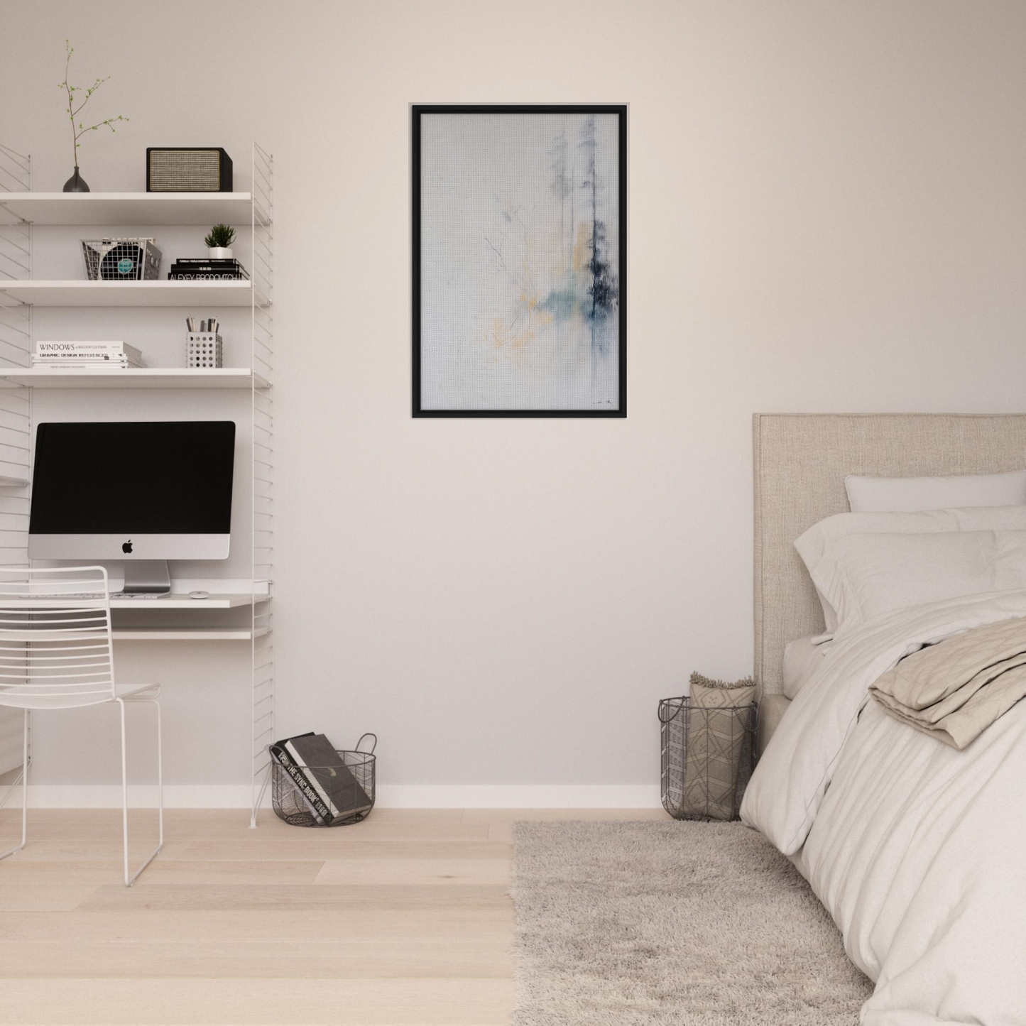 Minimalist bedroom featuring Whispering Branch Nebula framed canvas wall art