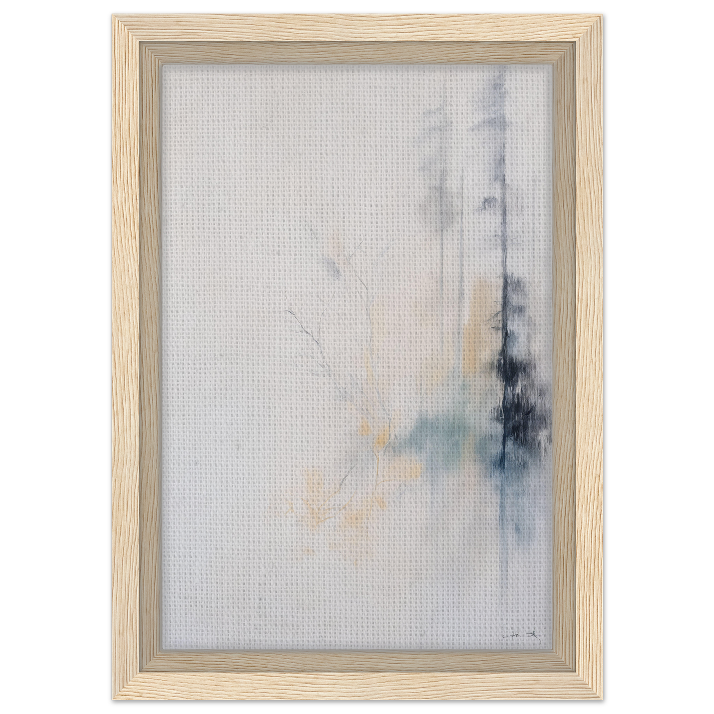 Framed canvas print titled Whispering Branch Nebula in gray, beige, and blue tones