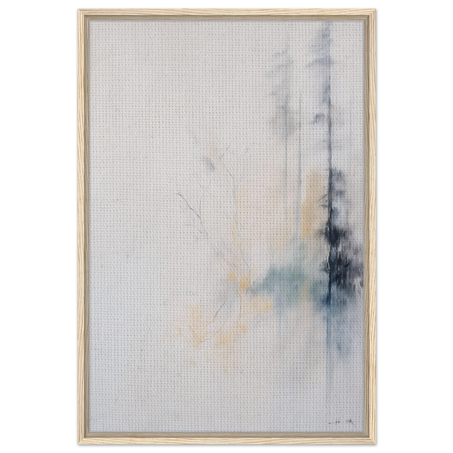 Abstract painting in soft gray and blue tones, framed canvas print Whispering Branch Nebula
