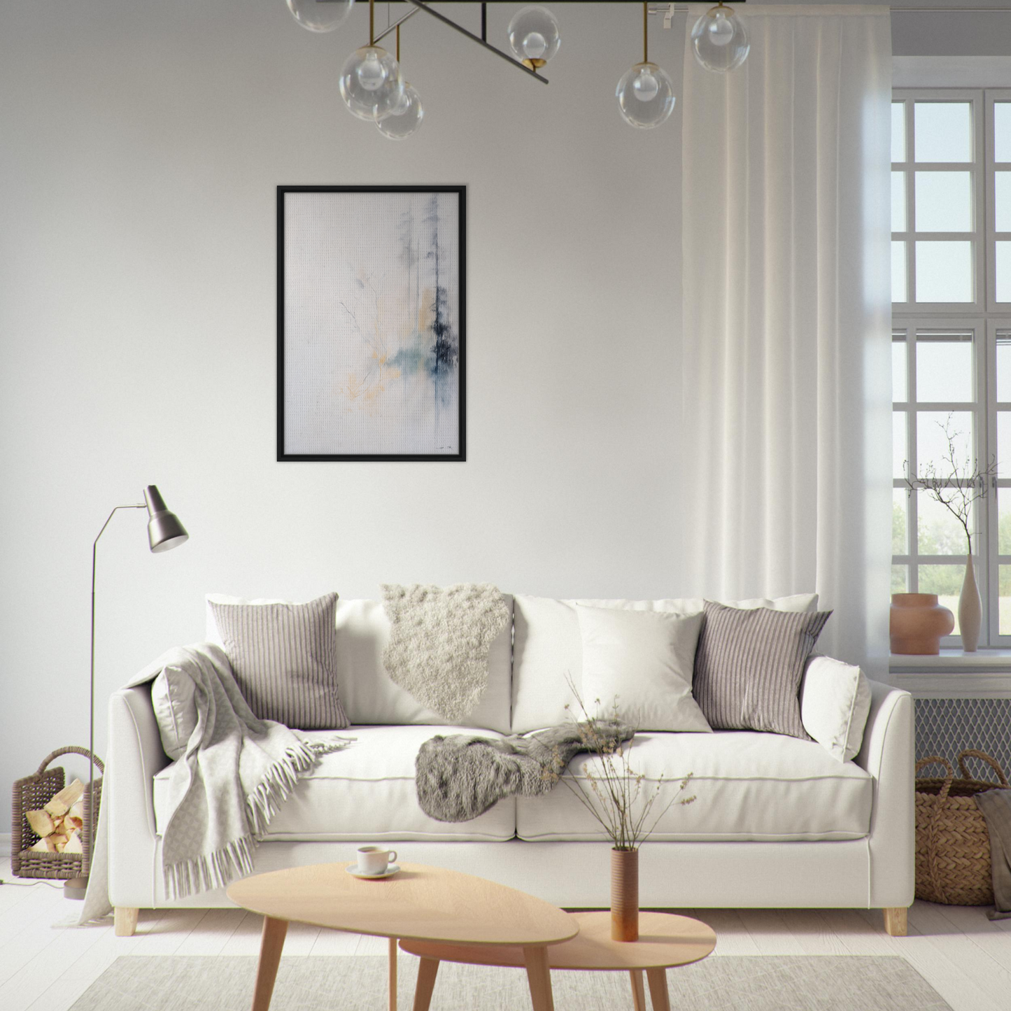 White sofa adorned with throw pillows and blankets, enhancing the Whispering Branch Nebula decor