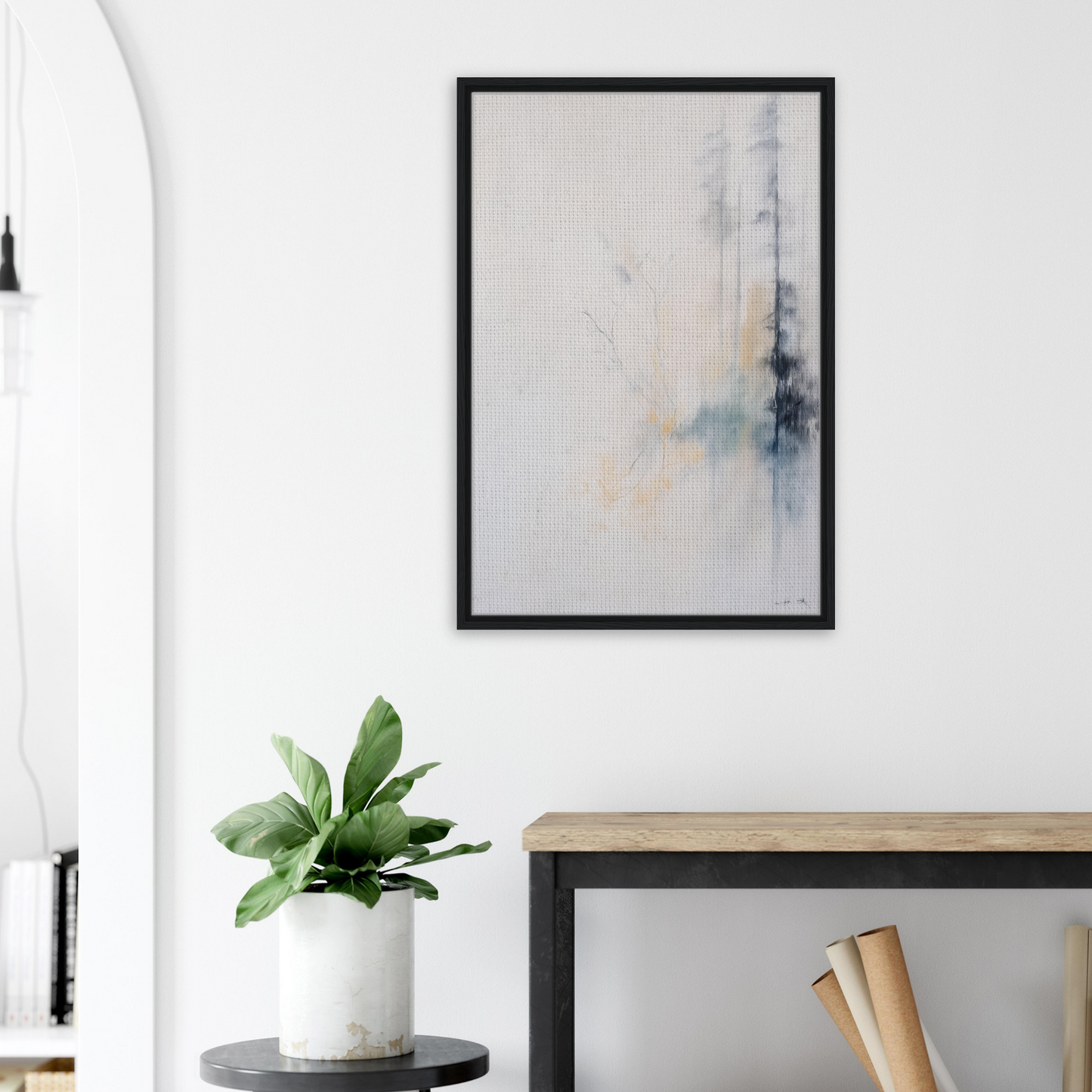 Abstract painting in muted colors framed as Whispering Branch Nebula canvas art