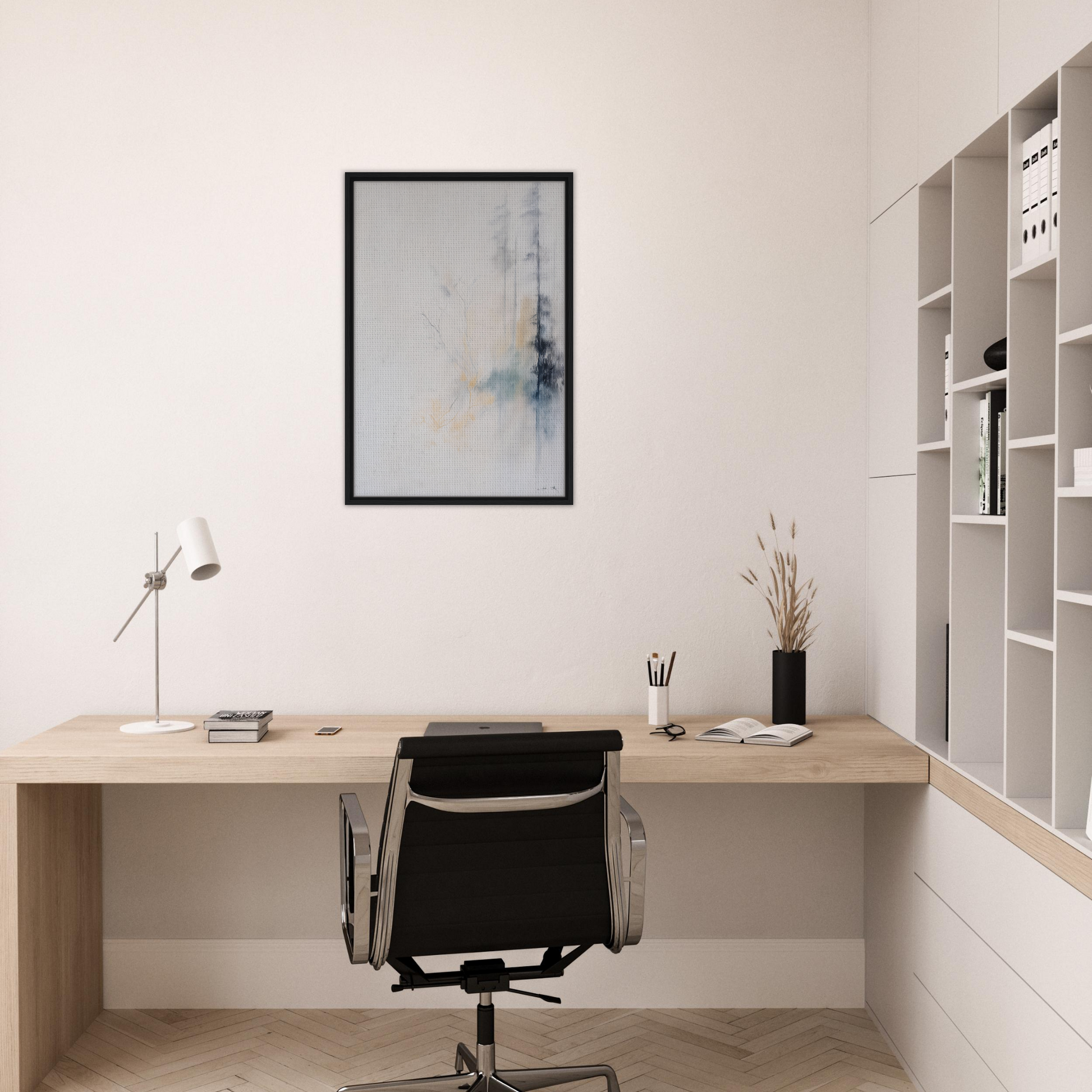Minimalist wooden desk and black chair in a clean workspace with Whispering Branch Nebula