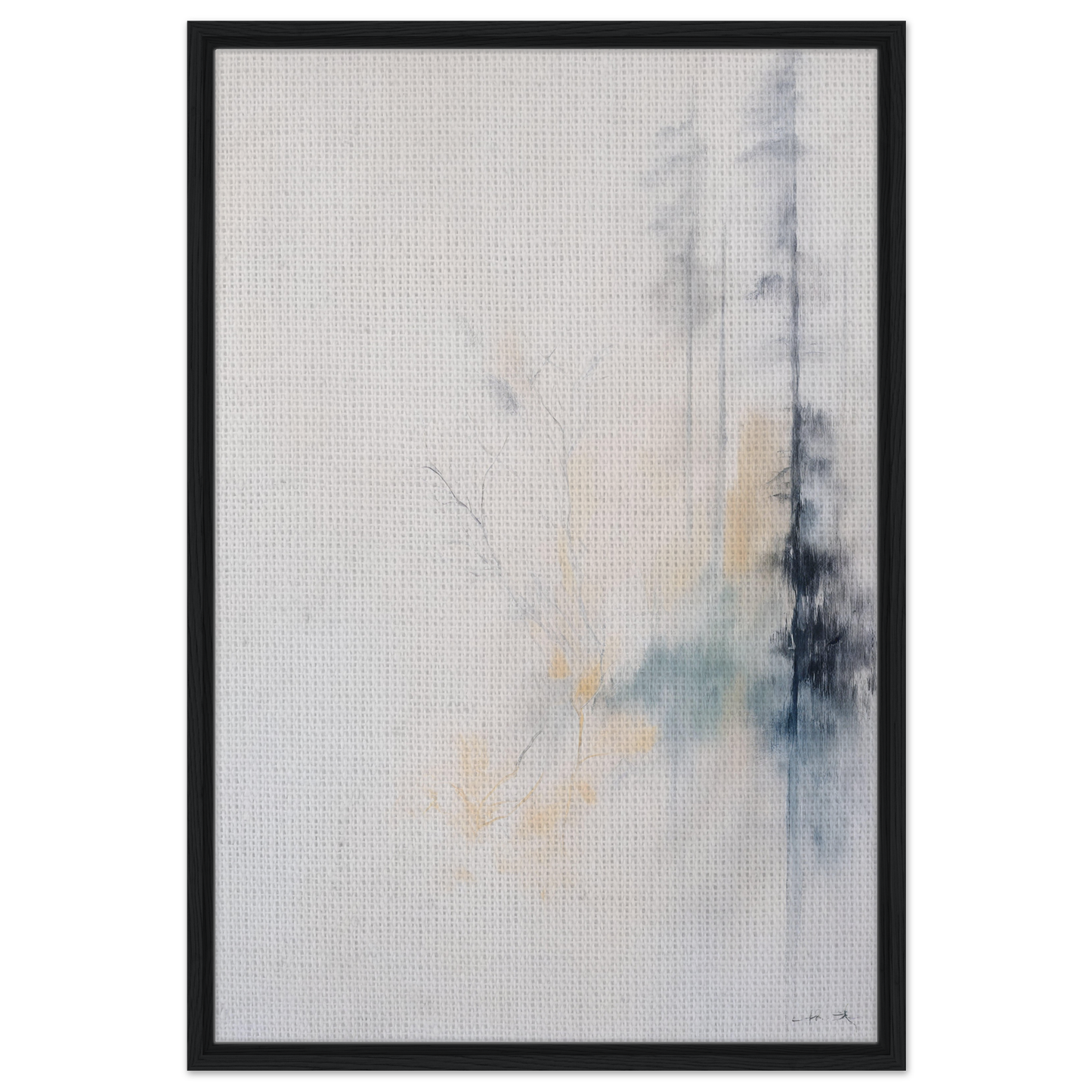 Abstract painting in gray, blue, and beige tones, framed canvas print Whispering Branch Nebula