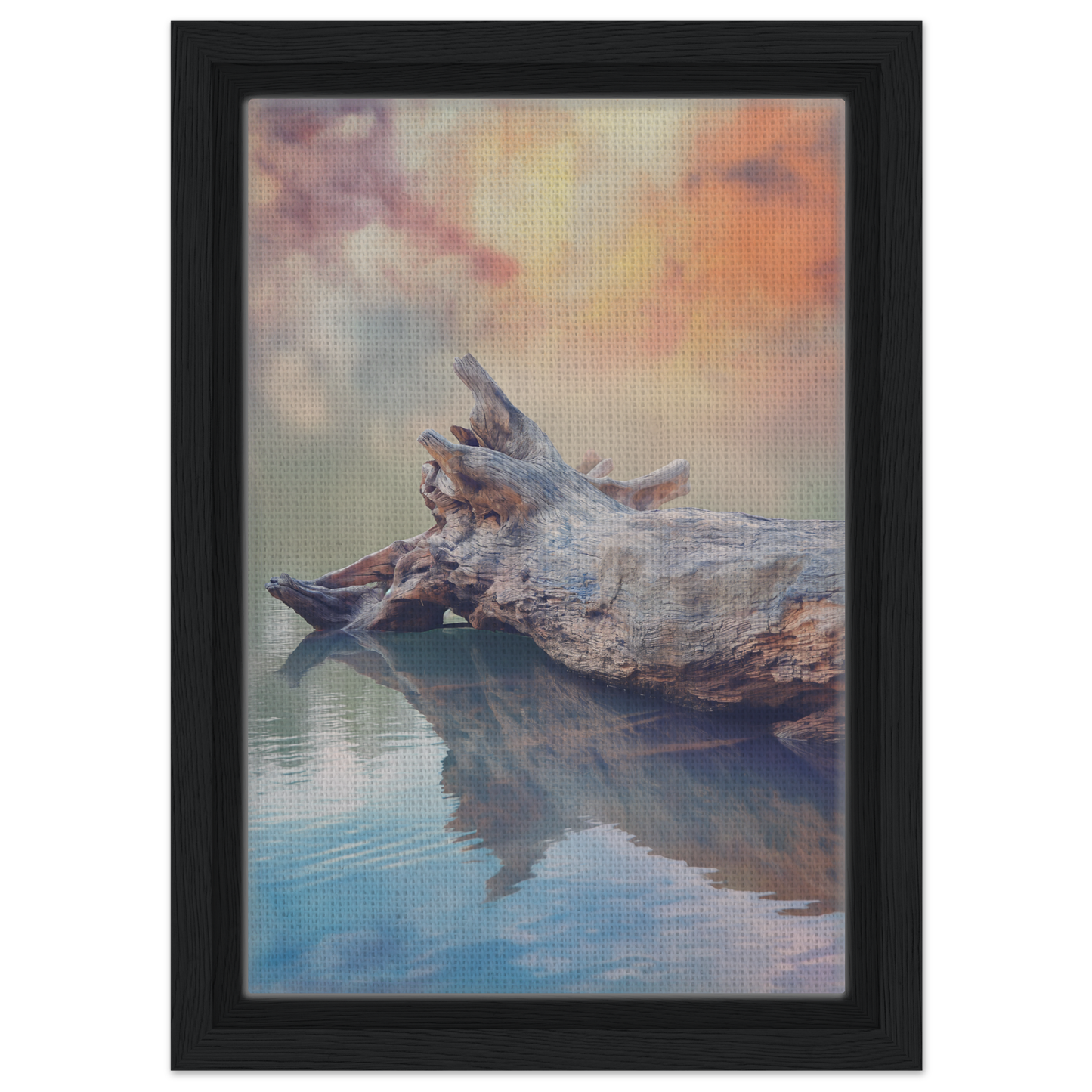 Weathered log in reflective water for Whispering Log Solitude framed canvas print