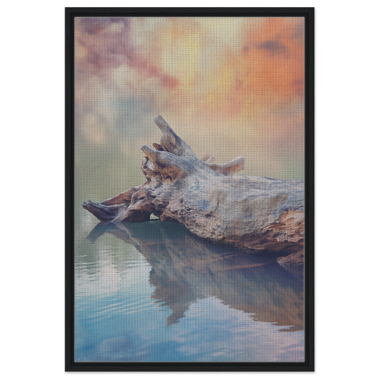 Weathered driftwood log in calm water for Whispering Log Solitude canvas print