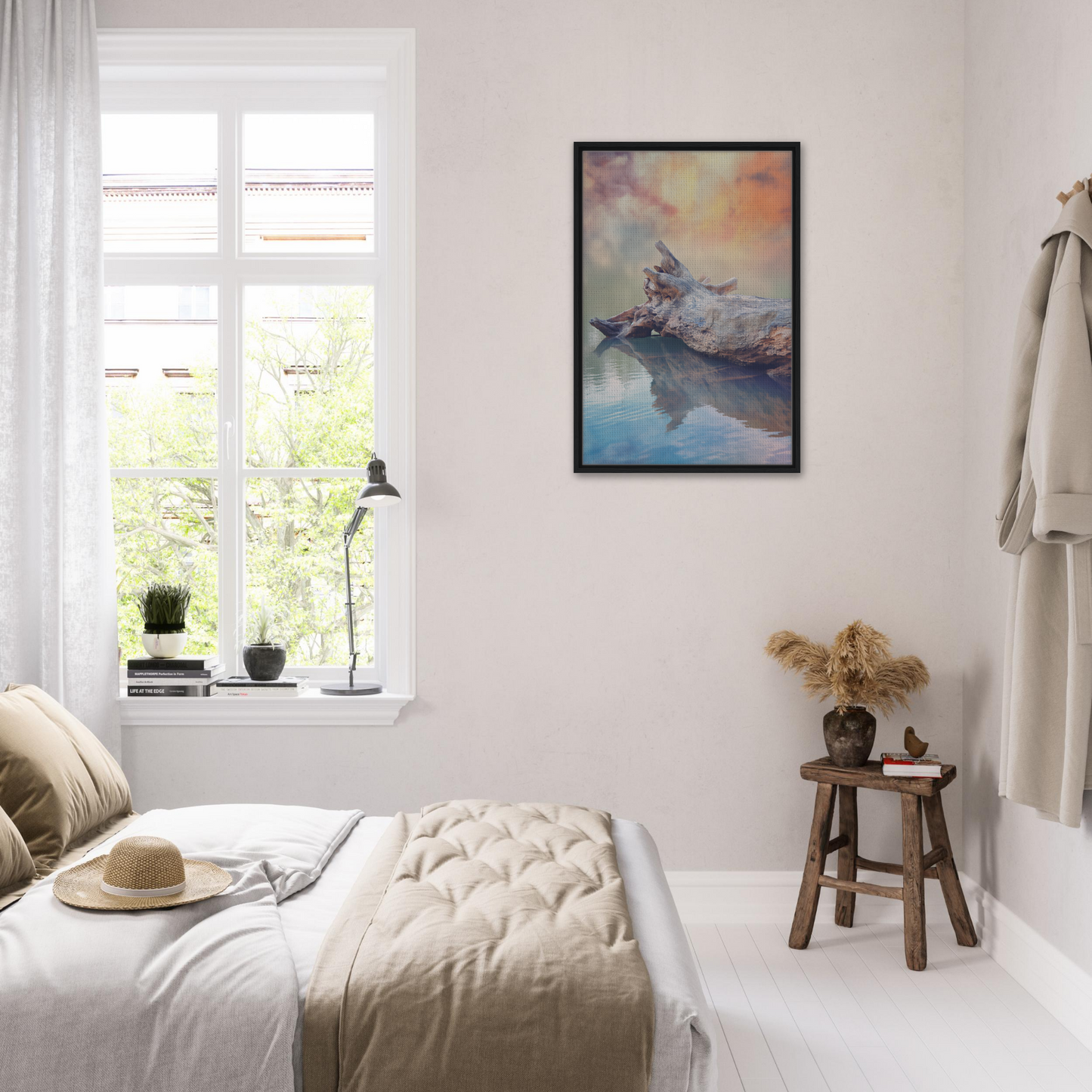 Serene bedroom featuring Whispering Log Solitude with white decor and colorful artwork