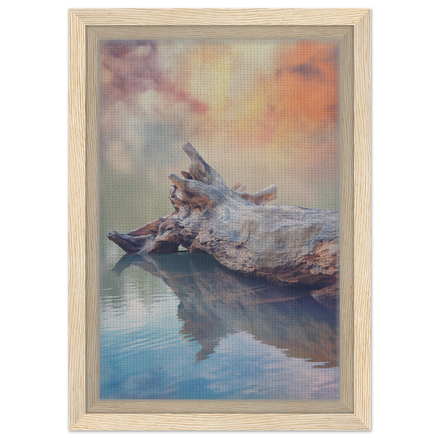 Crocodile resting on a log in water, featured in Whispering Log Solitude framed canvas print