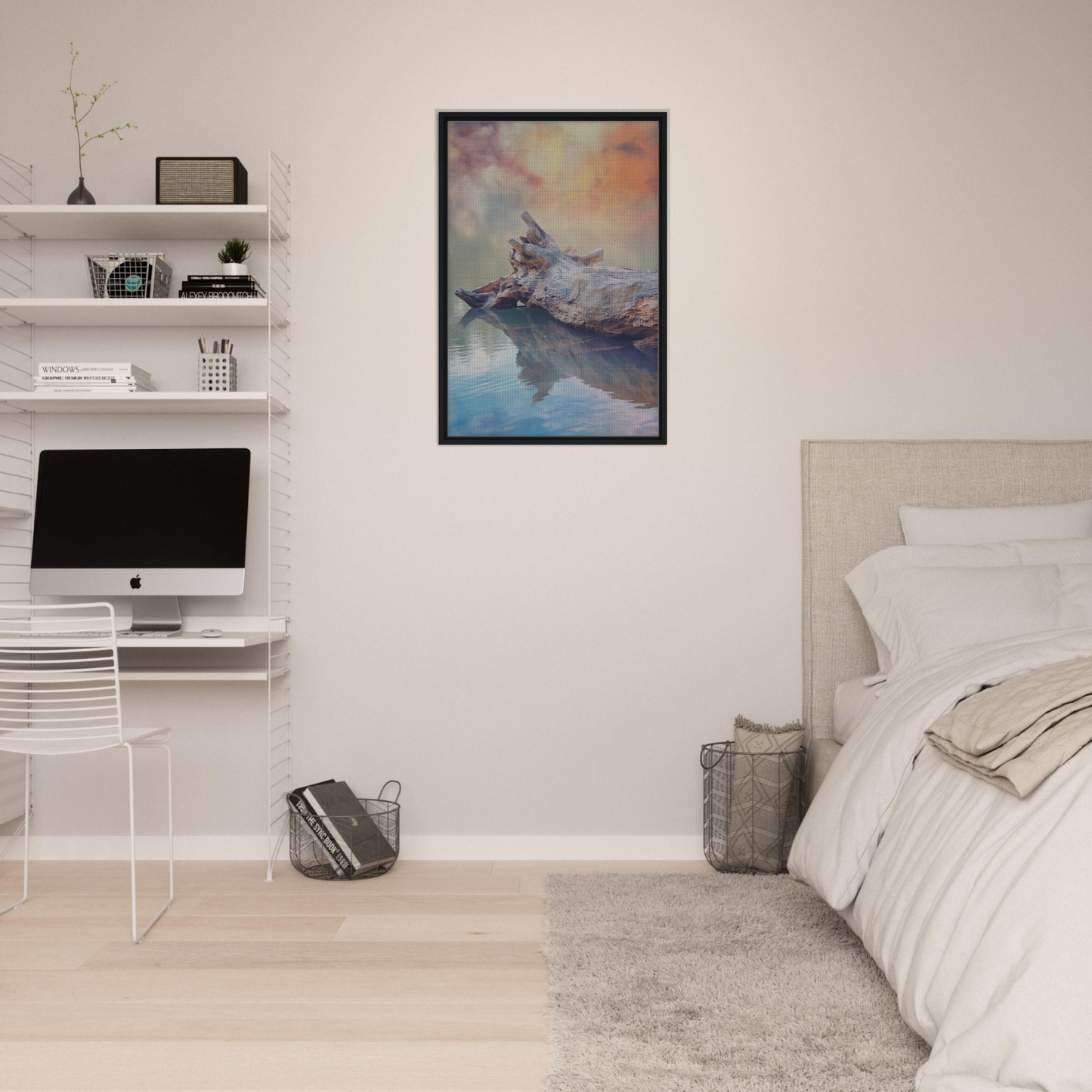 Framed canvas print of a cat in a dreamy landscape from Whispering Log Solitude