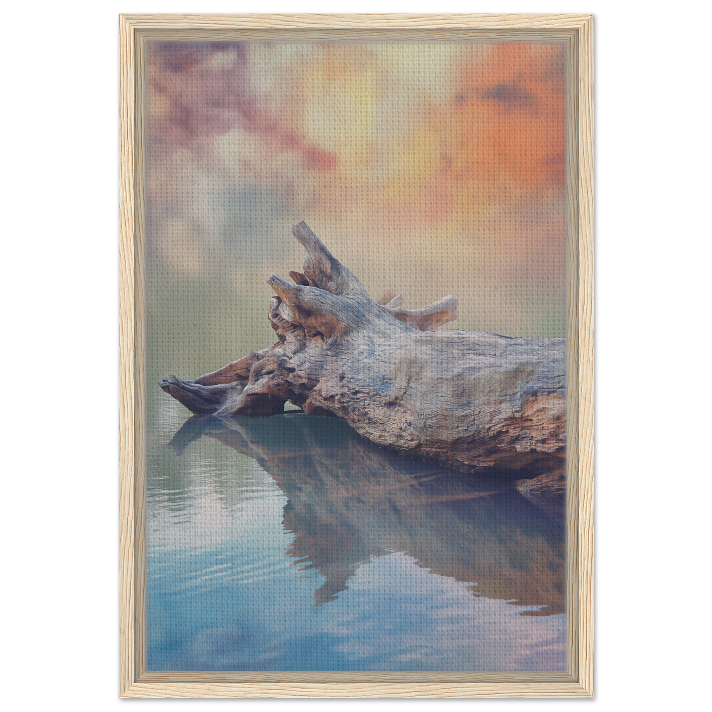 Weathered driftwood in water with bird, part of Whispering Log Solitude framed canvas print