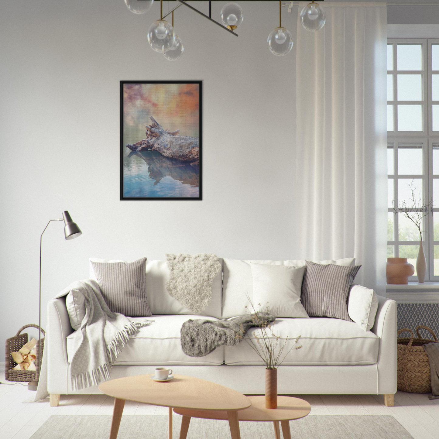 White sofa adorned with pillows and blankets from Whispering Log Solitude room decor