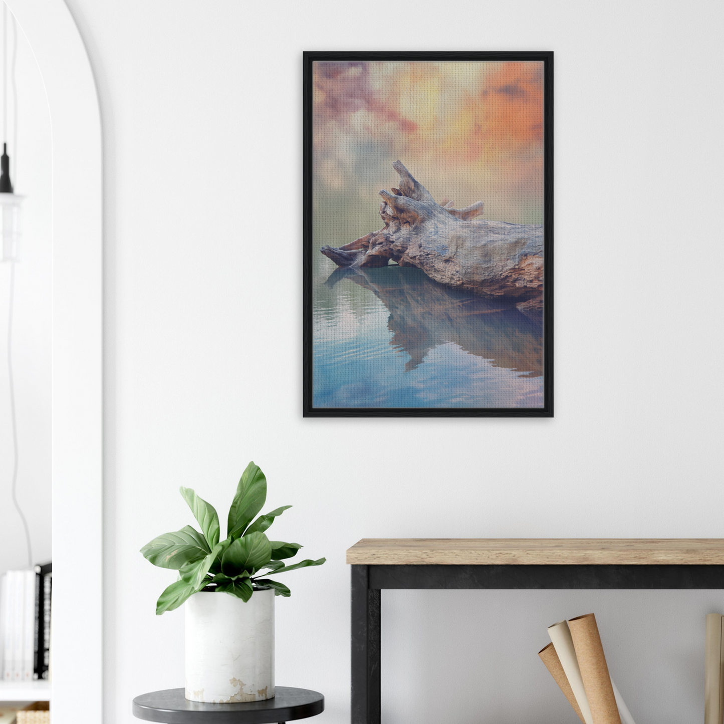 Framed artwork of rabbit on rock in water under sky, ideal for Whispering Log Solitude decor