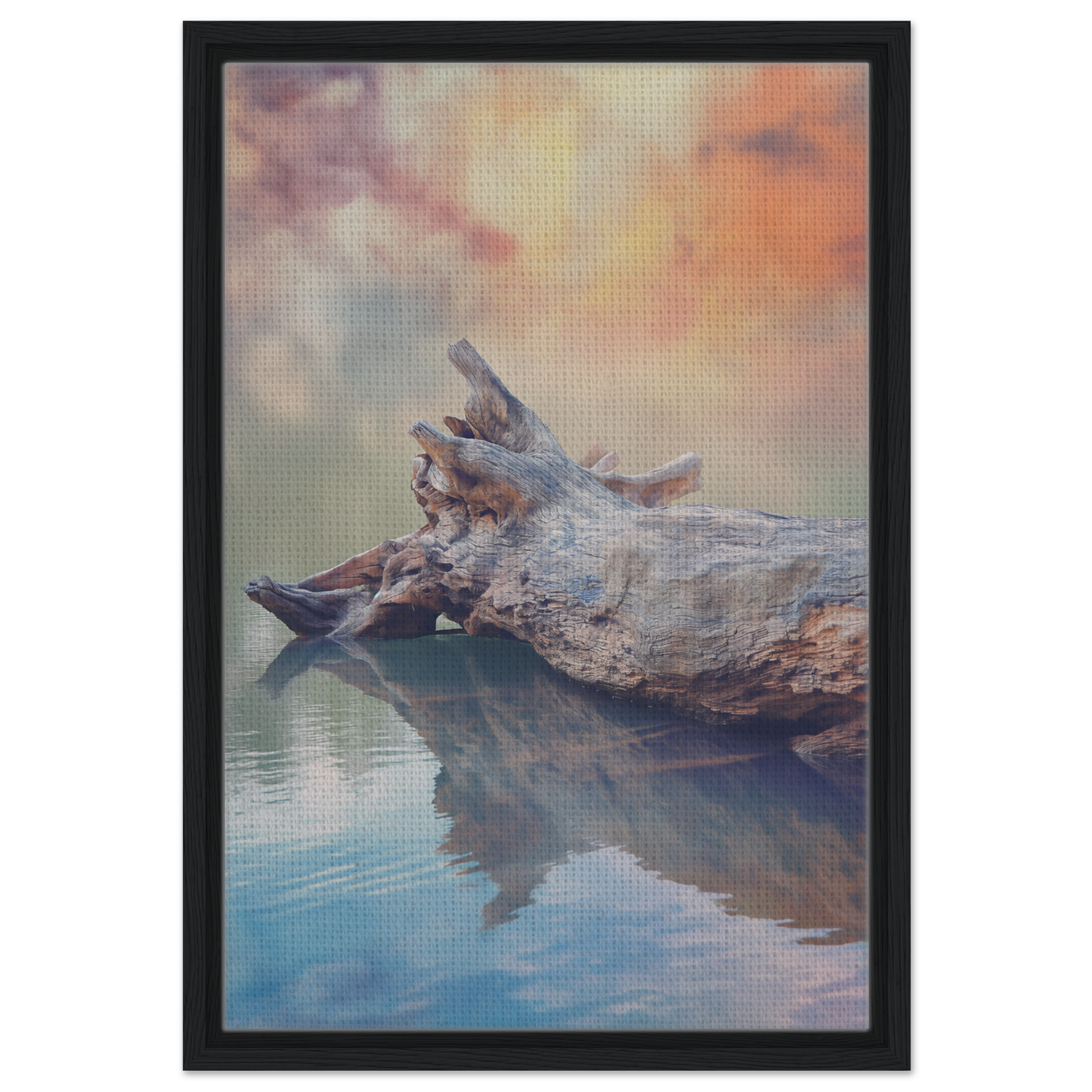 Driftwood log in calm water reflecting, part of Whispering Log Solitude framed print