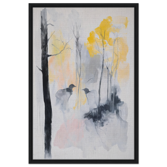 Abstract watercolor painting of trees and birds in muted colors, Whispering Mist Enigma