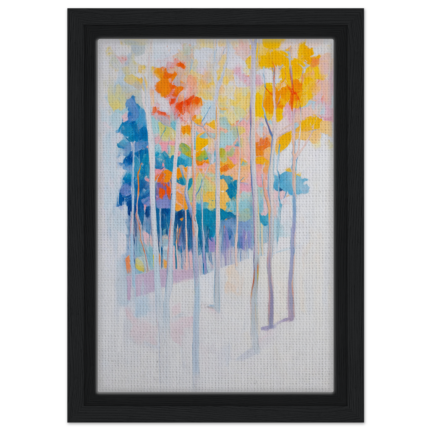 Framed abstract painting of colorful trees for Whispering Woodland Whimsy room decor