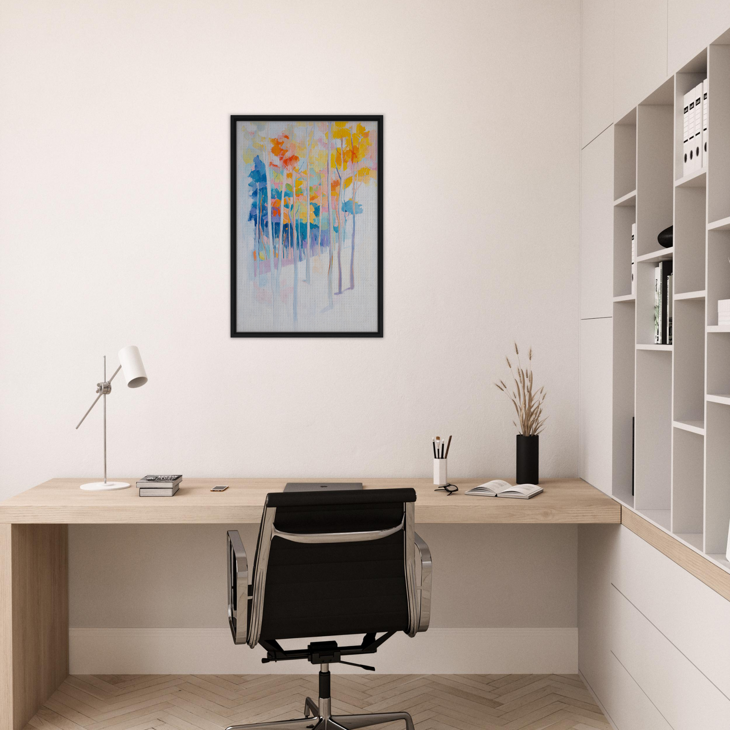 Minimalist home office workspace featuring Whispering Woodland Whimsy wall art