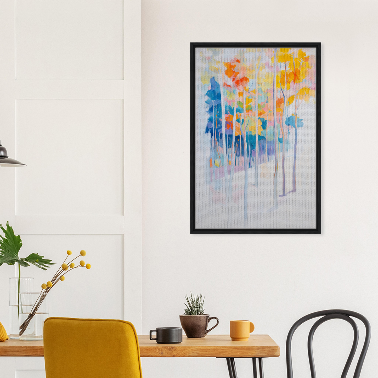 Colorful abstract framed canvas print of trees or flowers, Whispering Woodland Whimsy