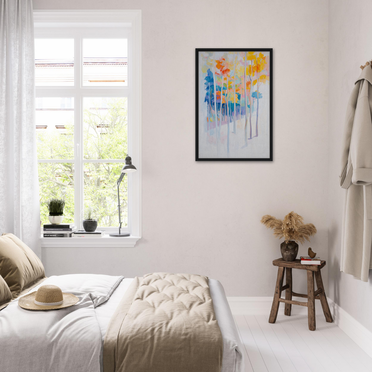 Bright, colorful abstract painting in black frame, perfect for Whispering Woodland Whimsy room decor