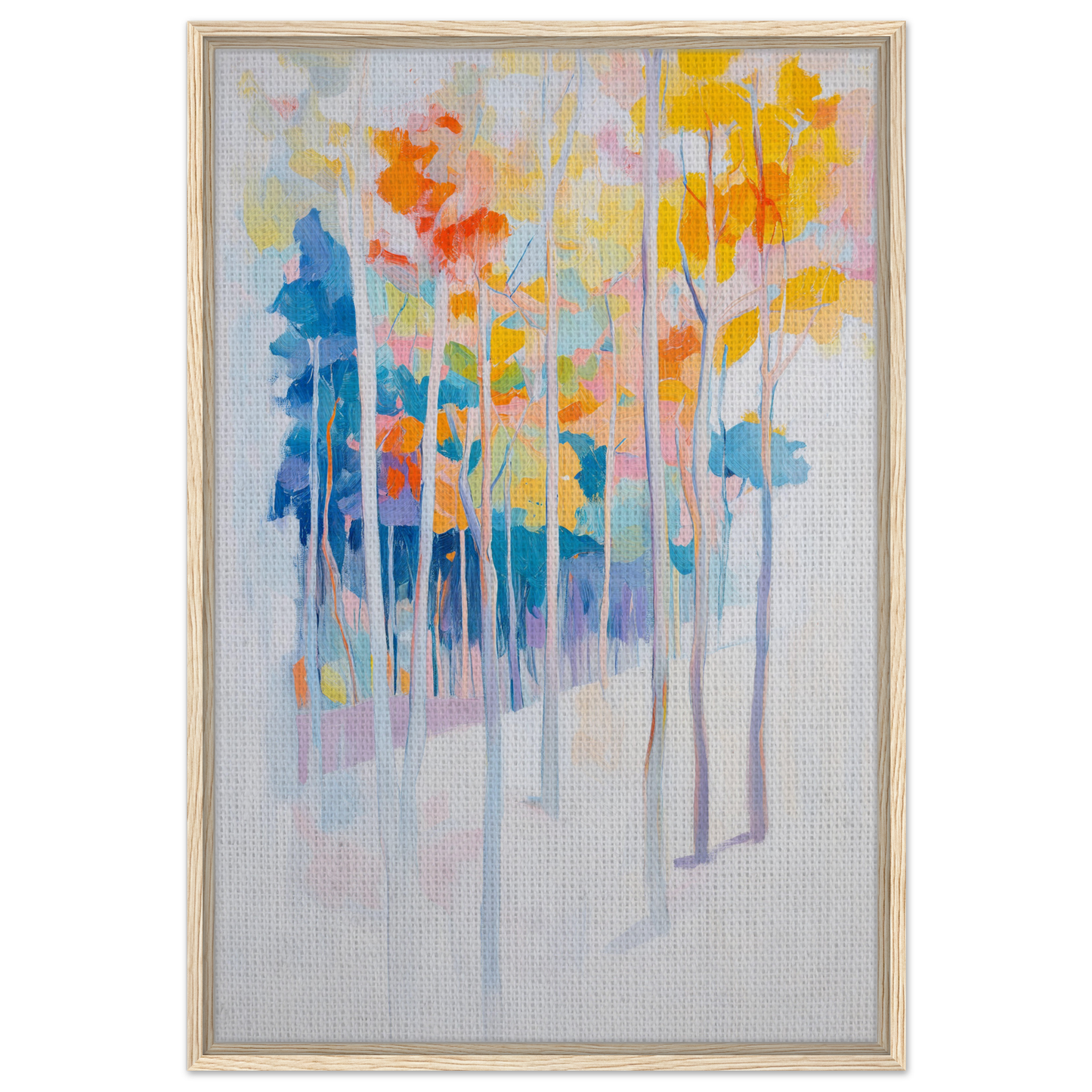 Abstract painting of colorful trees with vertical brushstrokes in Whispering Woodland Whimsy