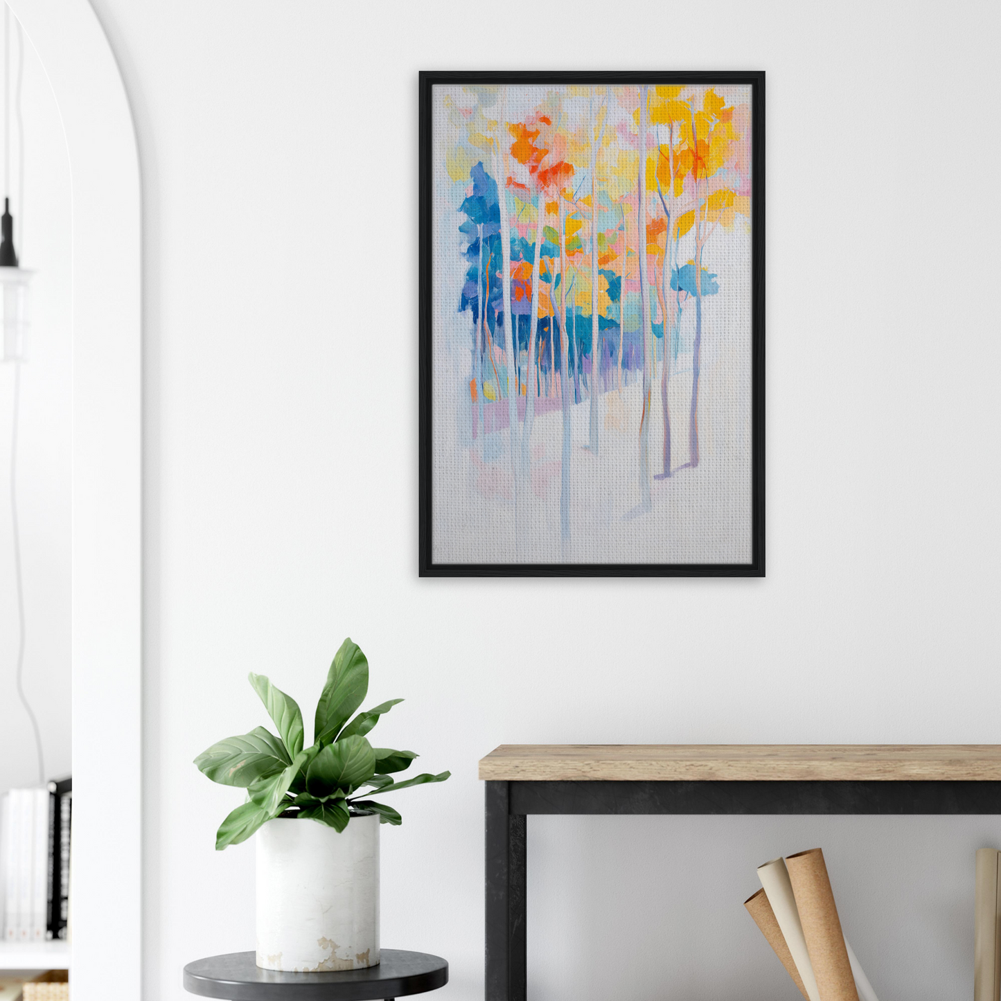 Framed abstract painting of colorful tree shapes for Whispering Woodland Whimsy room decor