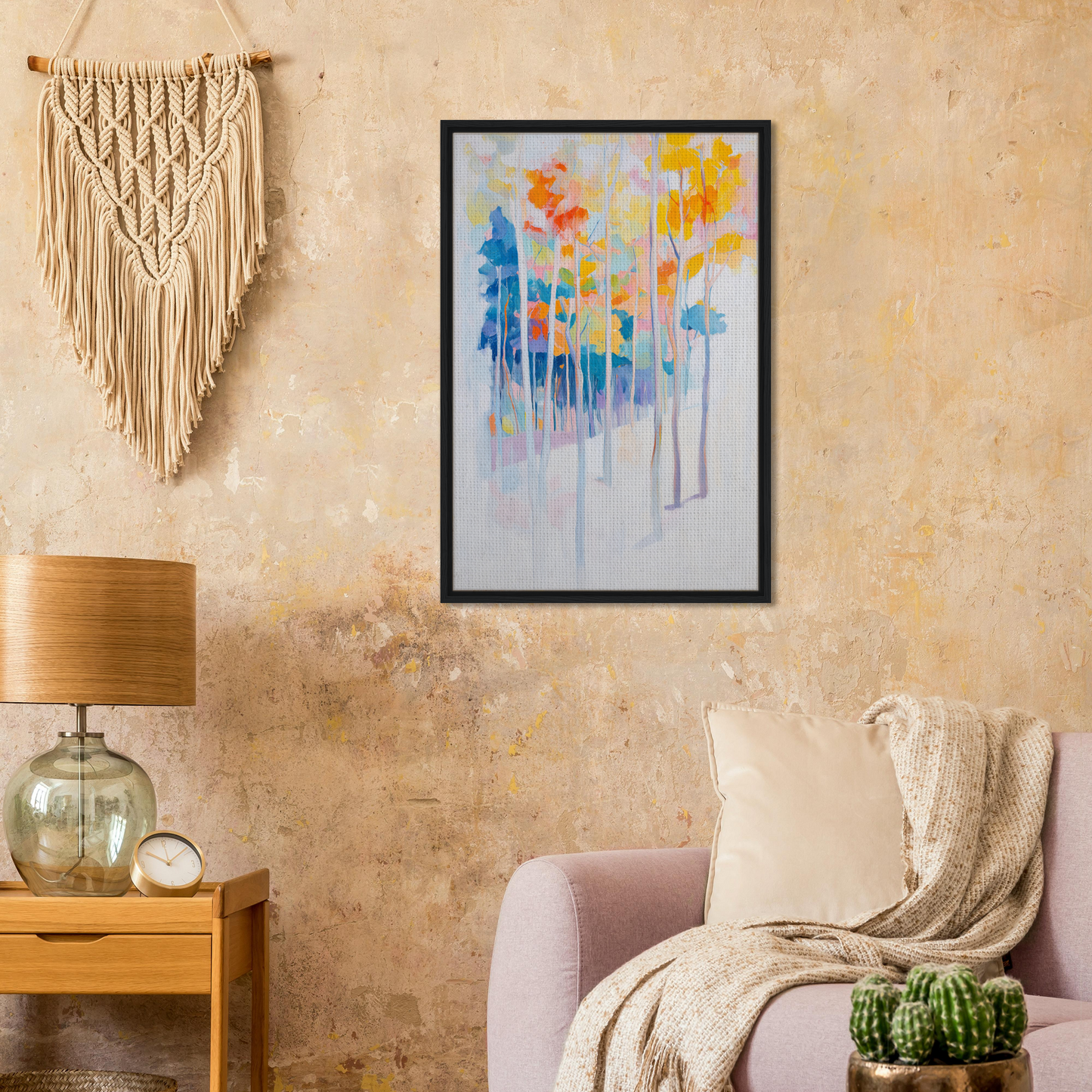 Framed abstract watercolor painting of colorful trees for Whispering Woodland Whimsy room decor