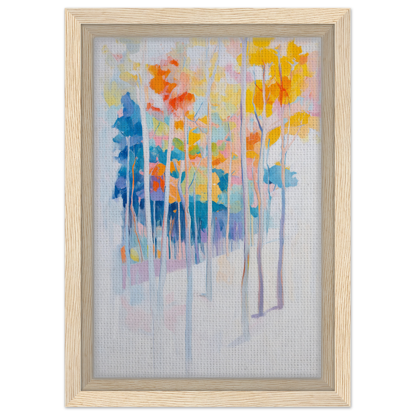 Abstract painting of colorful trees in a light wooden frame, Whispering Woodland Whimsy
