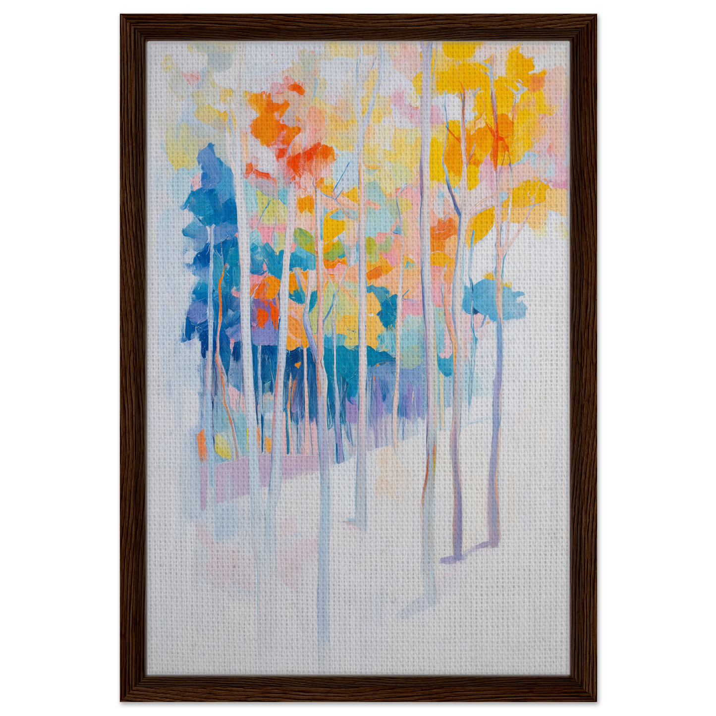 Abstract painting of colorful trees in vertical composition for Whispering Woodland Whimsy room decor