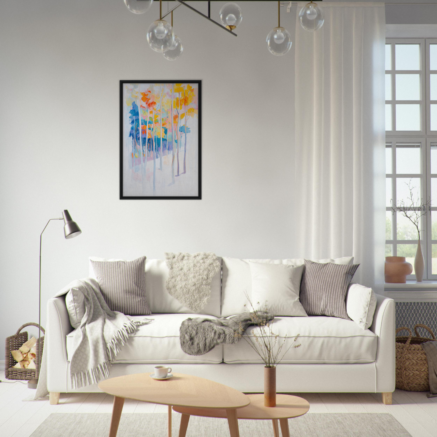 White sofa adorned with throw pillows and blankets in Whispering Woodland Whimsy