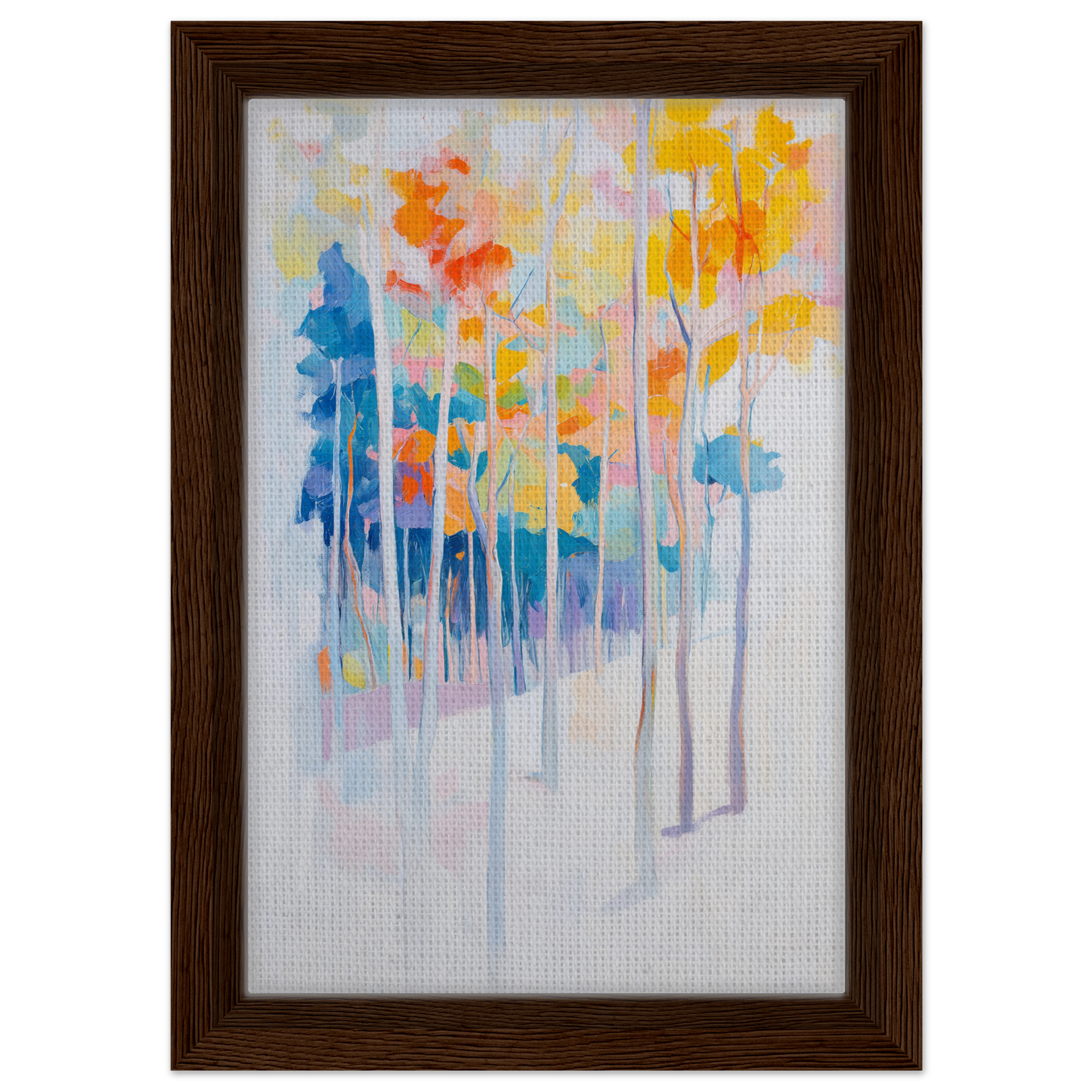 Abstract painting of colorful trees in a wooden frame, Whispering Woodland Whimsy