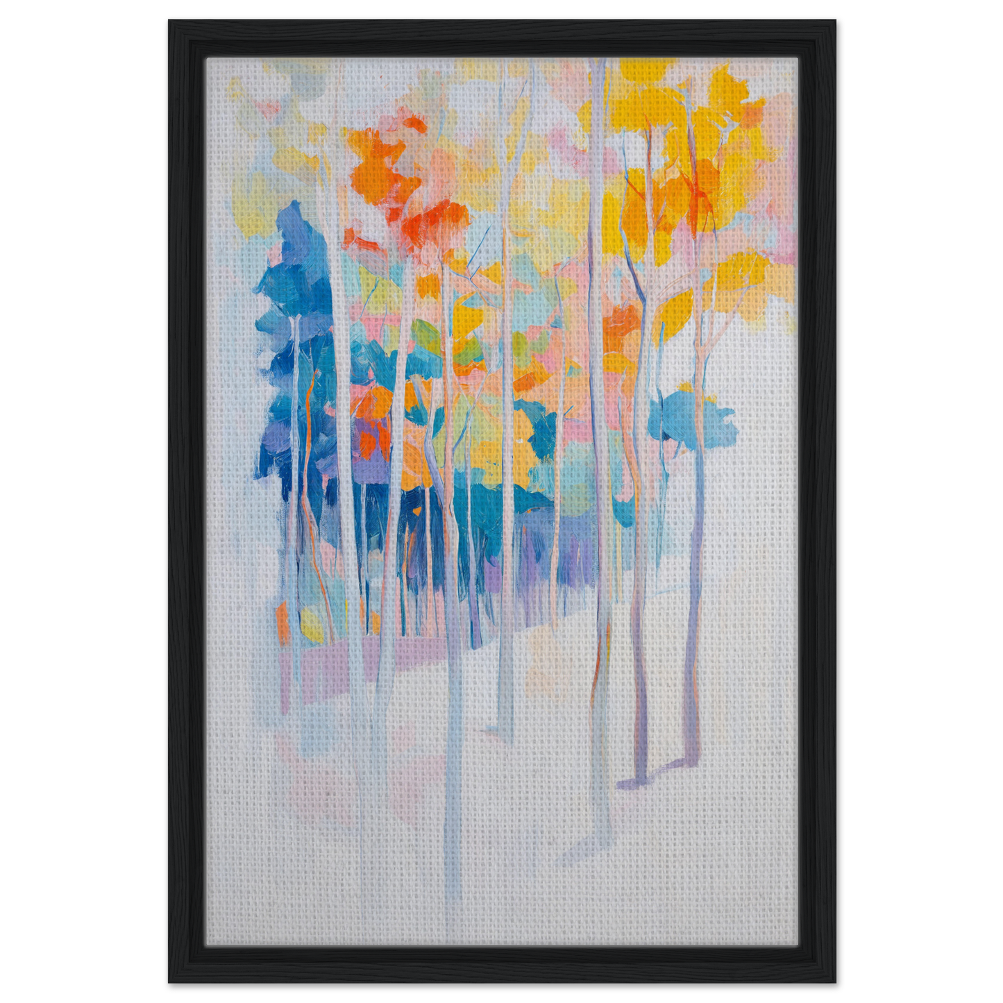 Abstract painting of colorful trees in minimalist style, perfect for Whispering Woodland Whimsy room decor