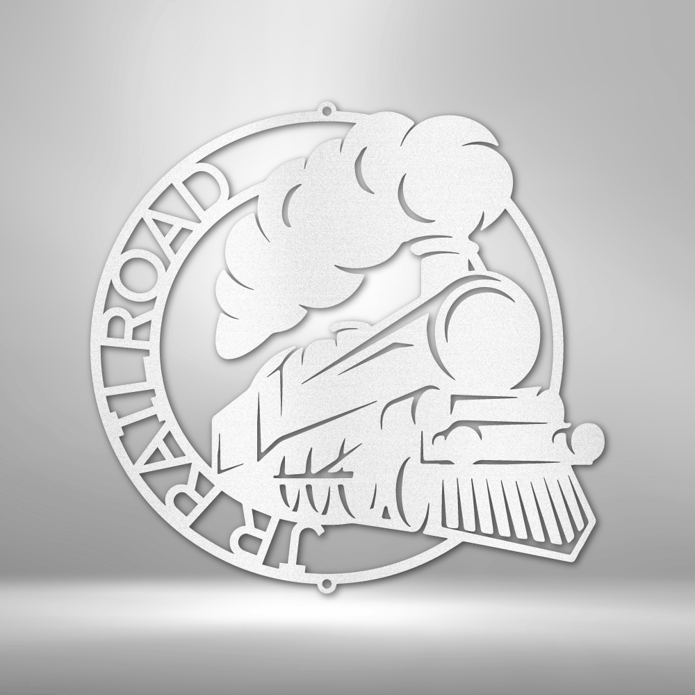 Stylized white circular logo featuring a steam locomotive with billowing smoke.