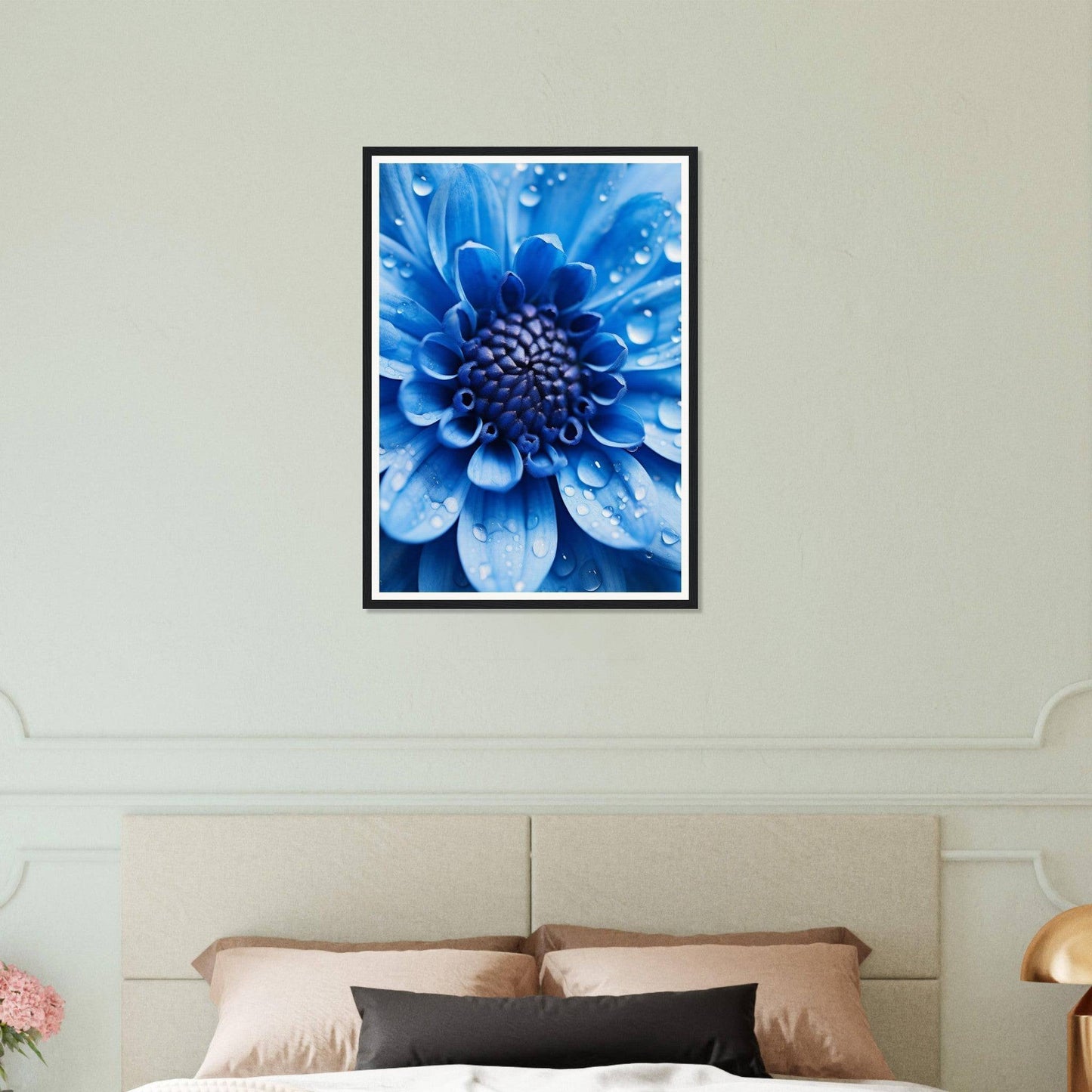Framed photograph of a vibrant blue flower with intricate petals and water droplets.