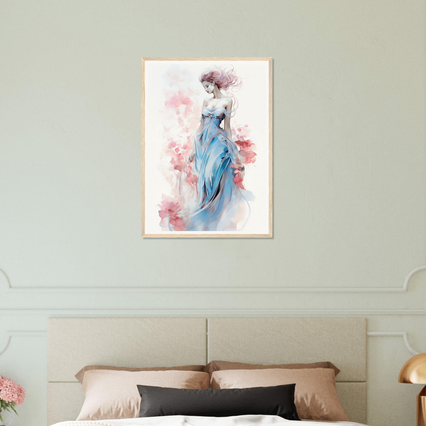 Watercolor-style painting of a woman in a flowing blue dress surrounded by soft pink and red hues.