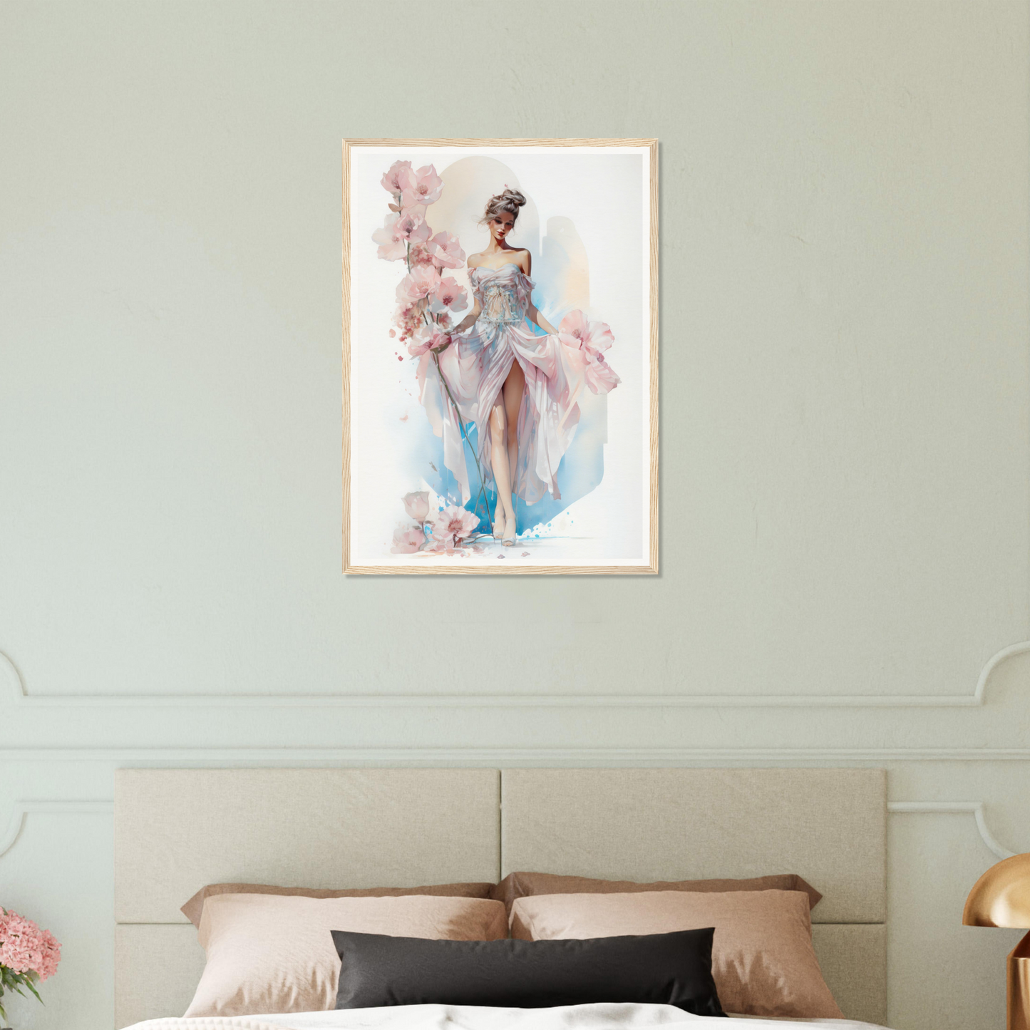 Framed watercolor painting of a graceful ballerina in a flowing dress.