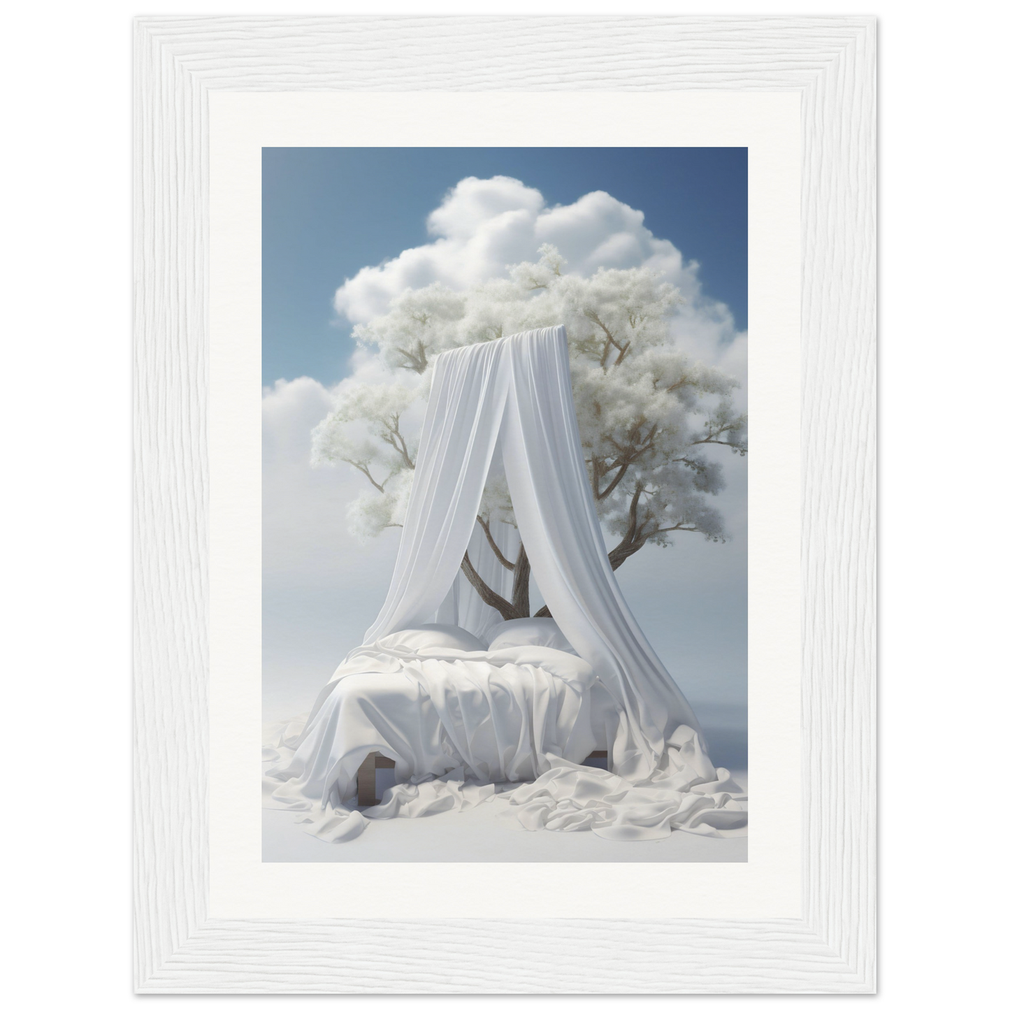 A white bed with a canopy and a tree in the background
