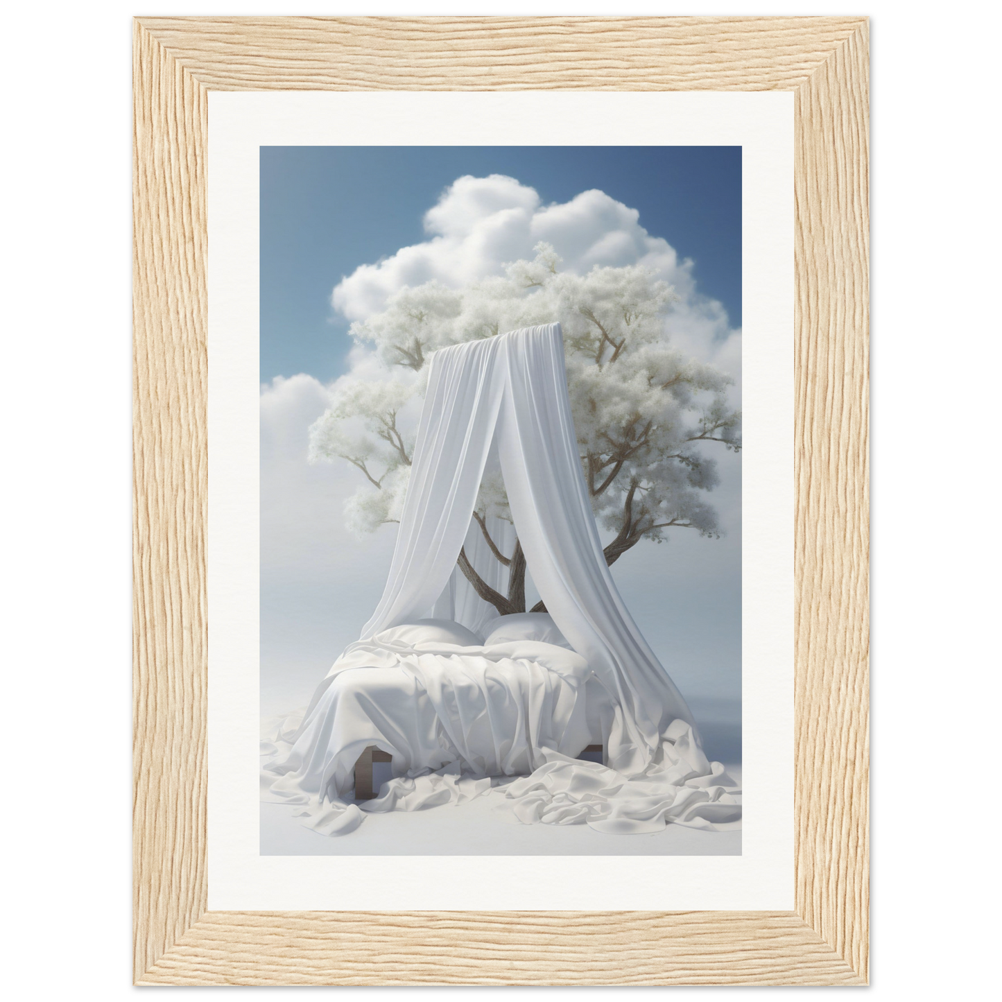 A white bed with a canopy and a tree in the background