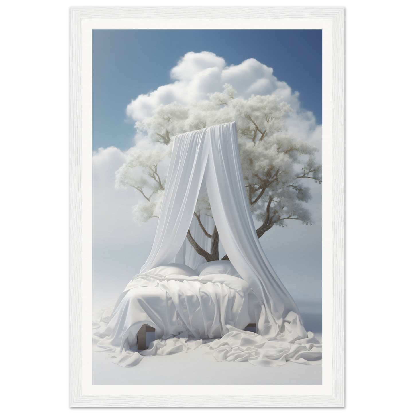A white bed with a canopy and a tree in the background