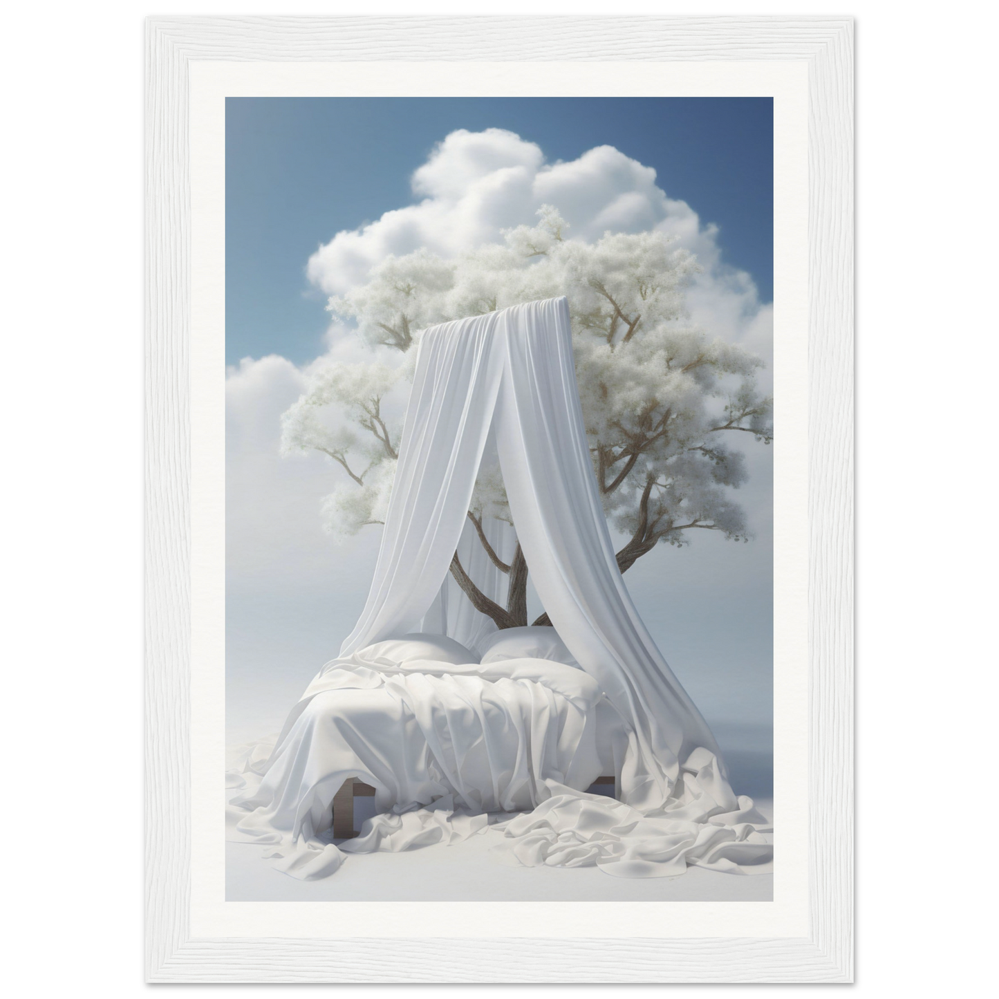 A white bed with a canopy and a tree in the background