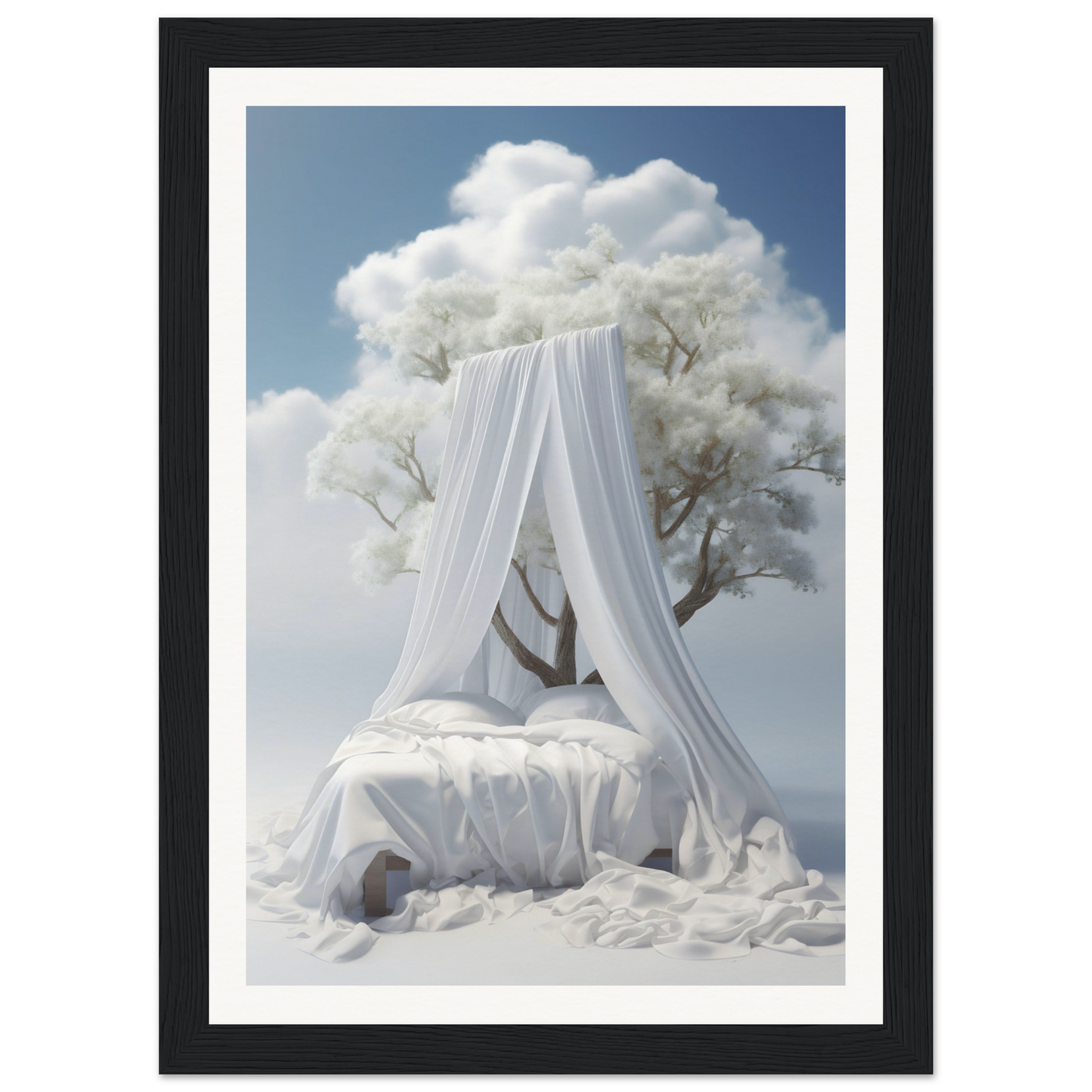 A white canopy on a bed with a tree in the background