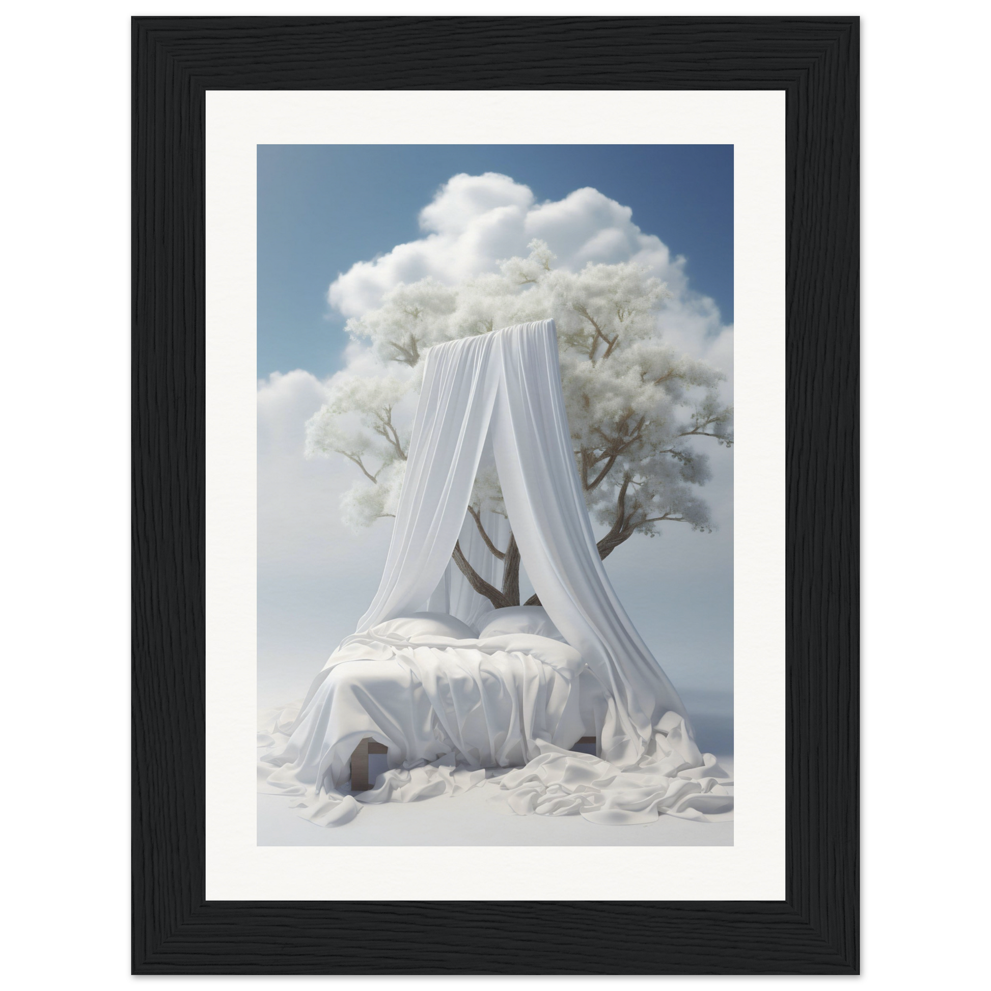 A white canopy in the sky above a bed with a tree in the background