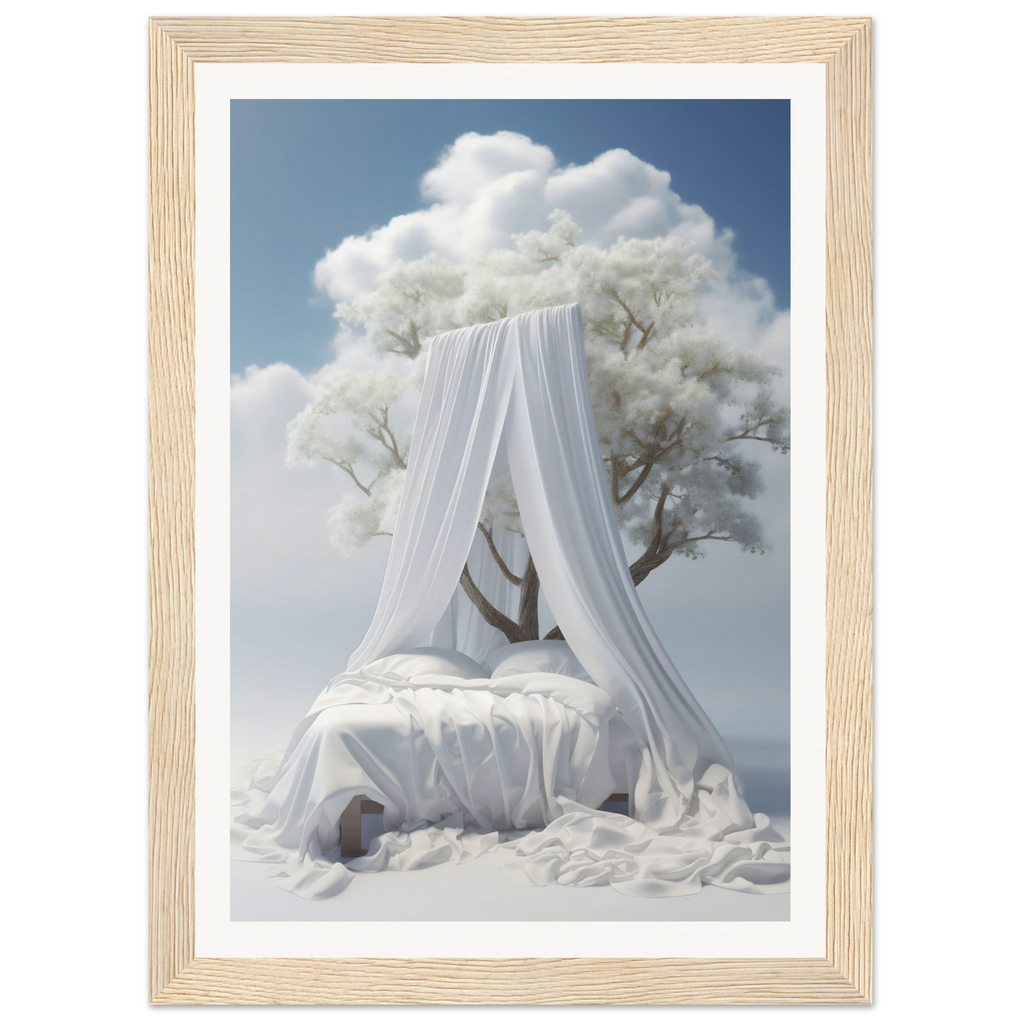 A white canopy in the sky above a bed with a tree in the background