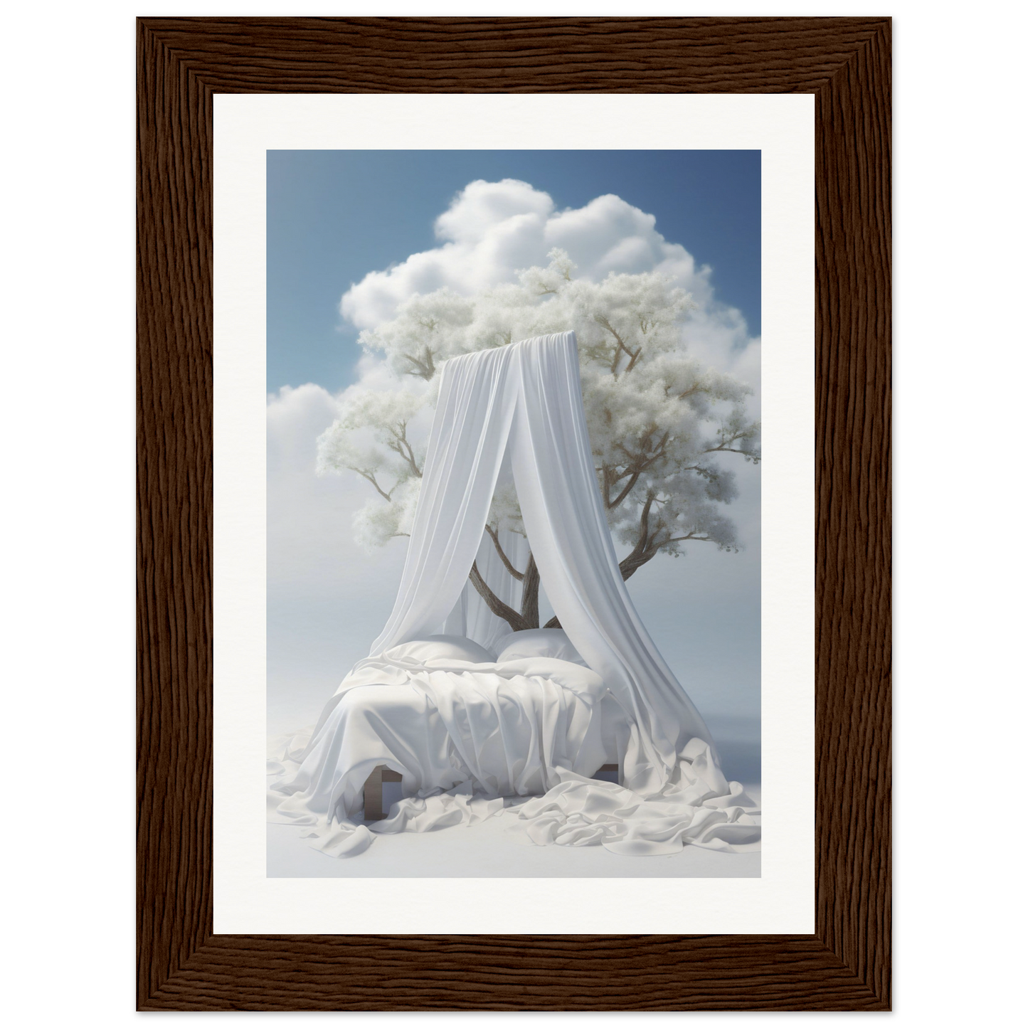 A white canopy is hanging from a tree in the sky